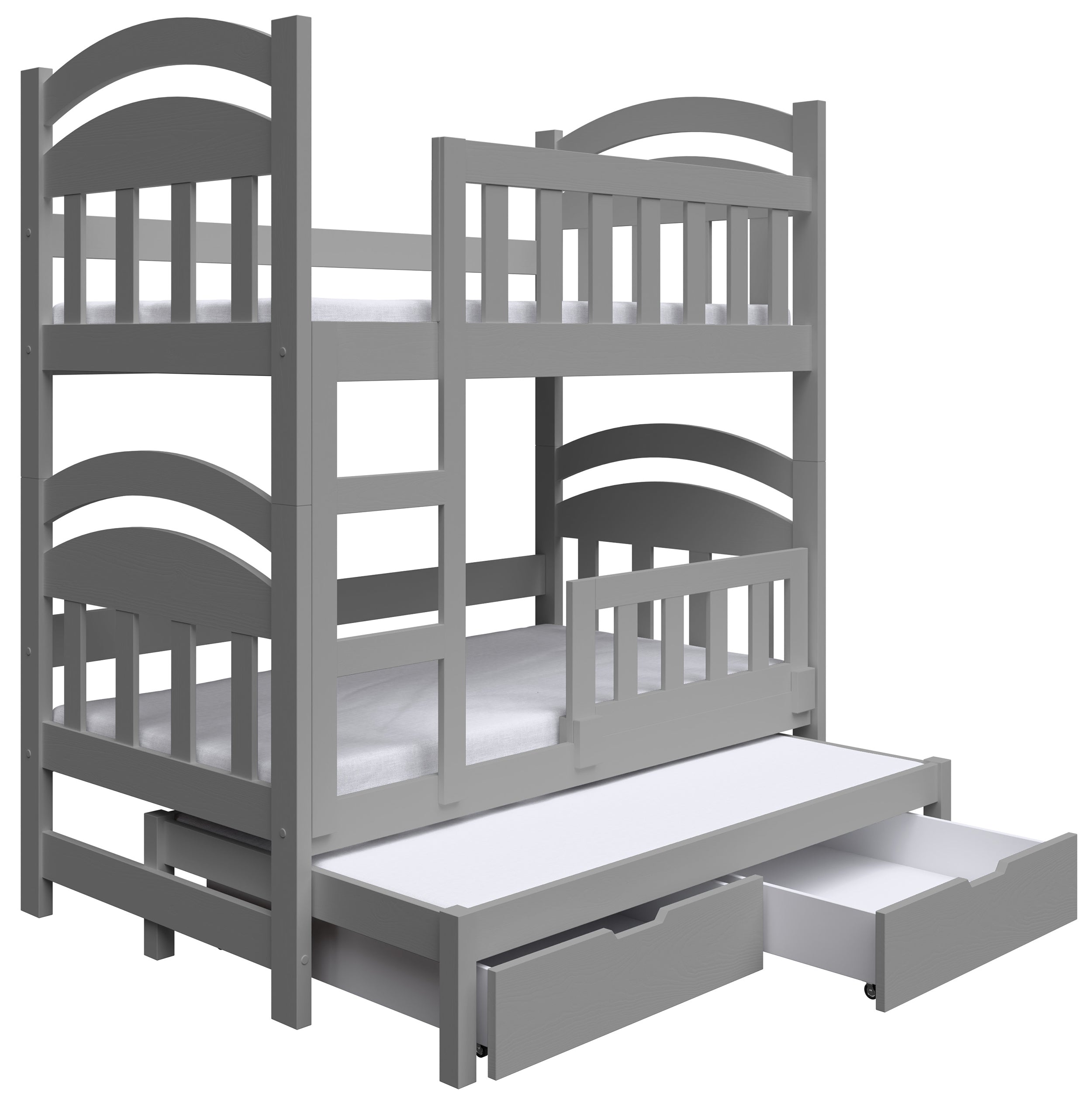 Etagenbett 75x180 cm Dopio für drei Personen mit Matratzen und Schubladen, grau