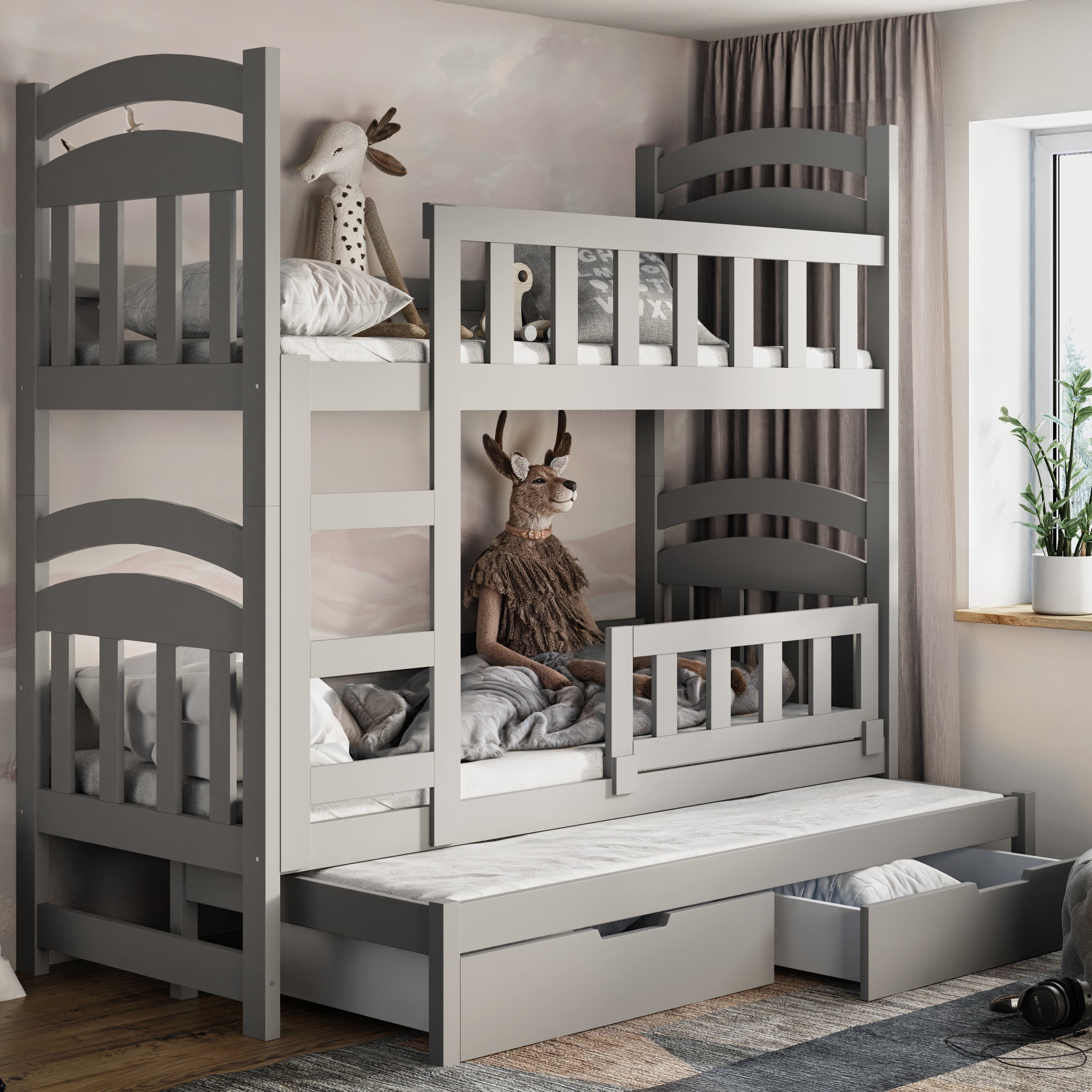 Etagenbett 75x180 cm Dopio für drei Personen mit Matratzen und Schubladen, grau