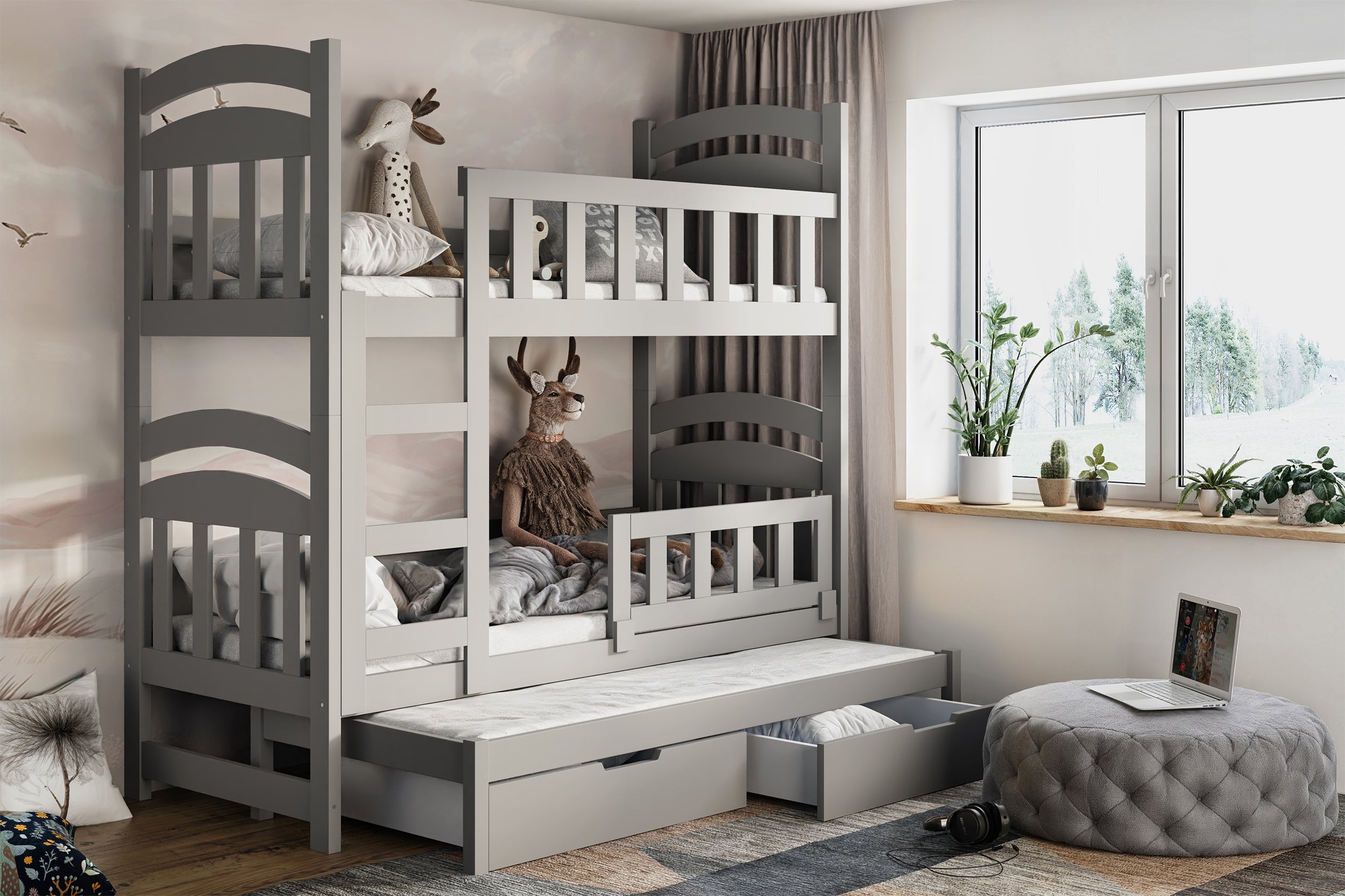 Etagenbett 75x180 cm Dopio für drei Personen mit Matratzen und Schubladen, grau