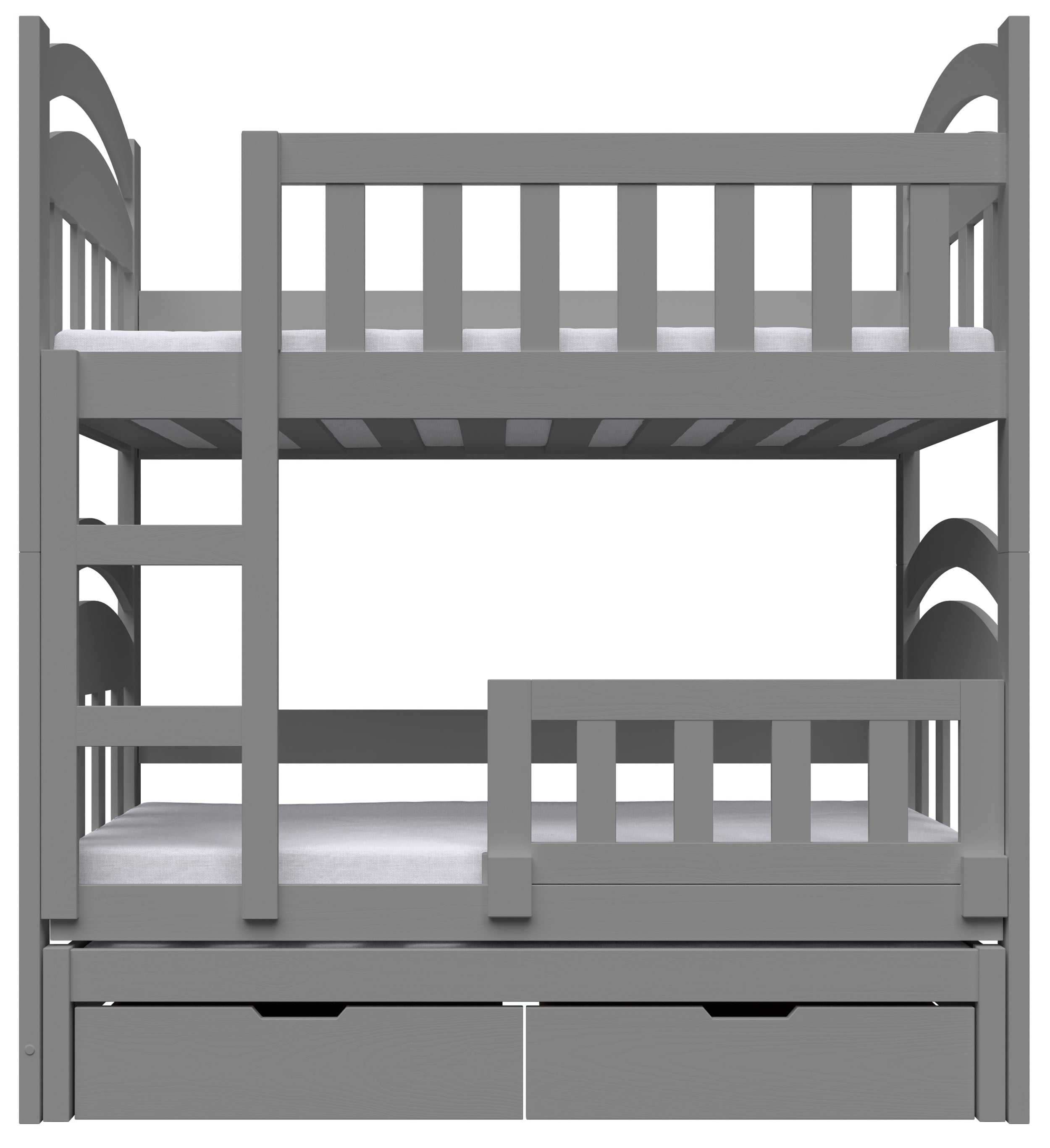 Etagenbett 75x180 cm Dopio für drei Personen mit Matratzen und Schubladen, grau