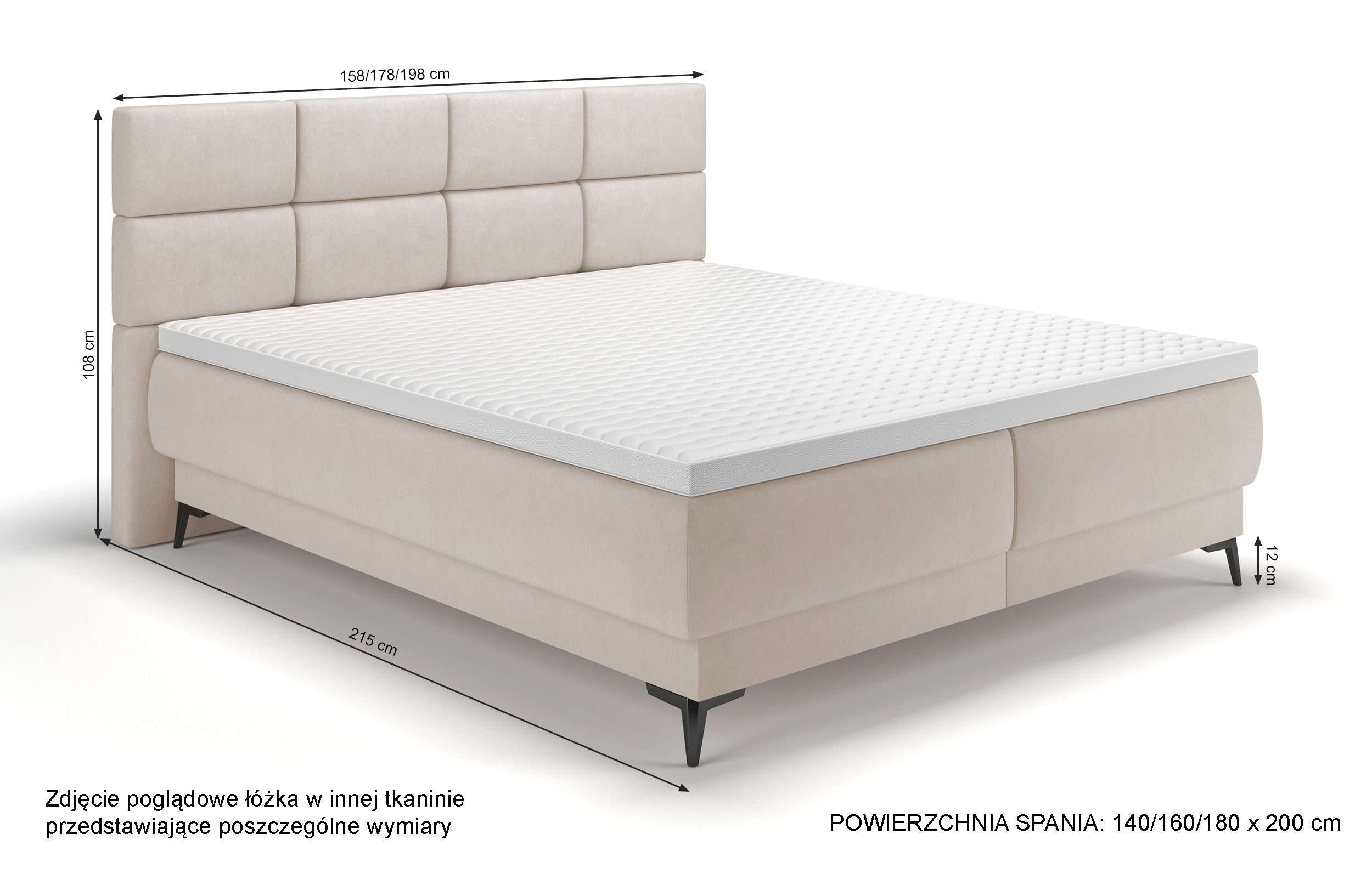 Kontinentales Bett 140x200 cm Rektango mit Stauraum und Topper, beiger Samt