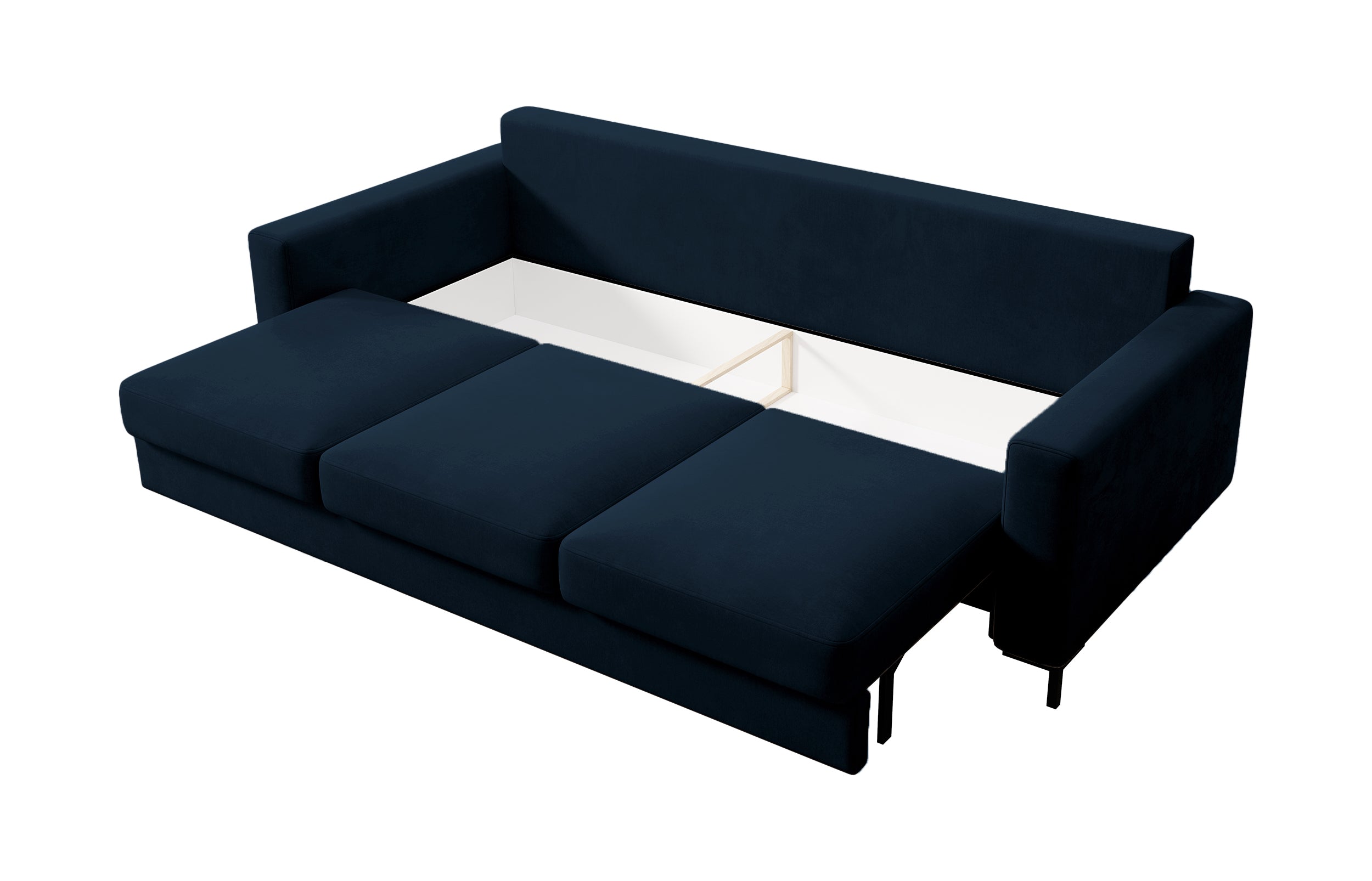 Dreisitziges Schlafsofa Mokpeo mit Stauraum, dunkelblauer Velours, pflegeleicht