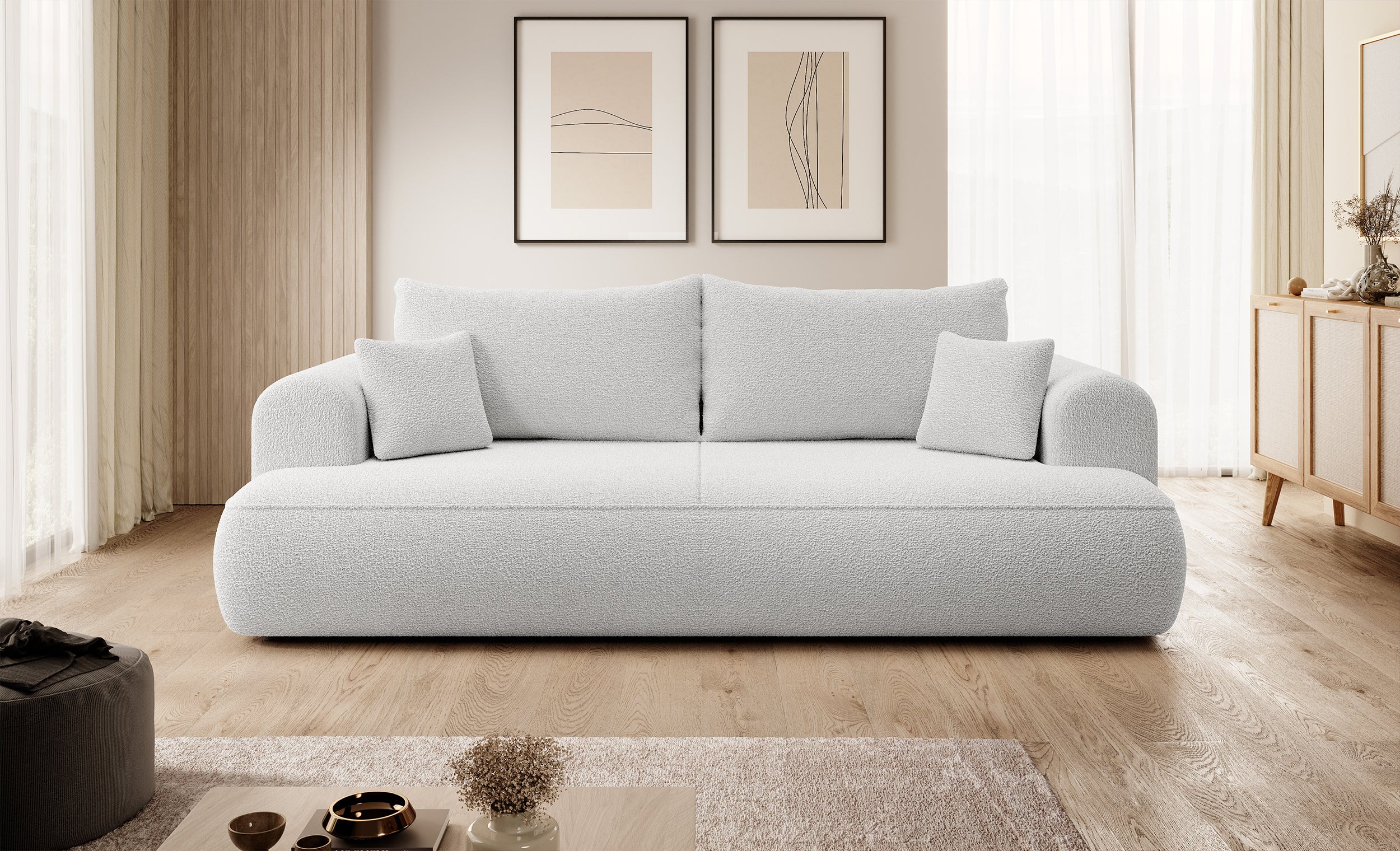 Dreisitziges ausklappbares Sofa Ovo mit Stauraum, grauer Bouclé-Stoff
