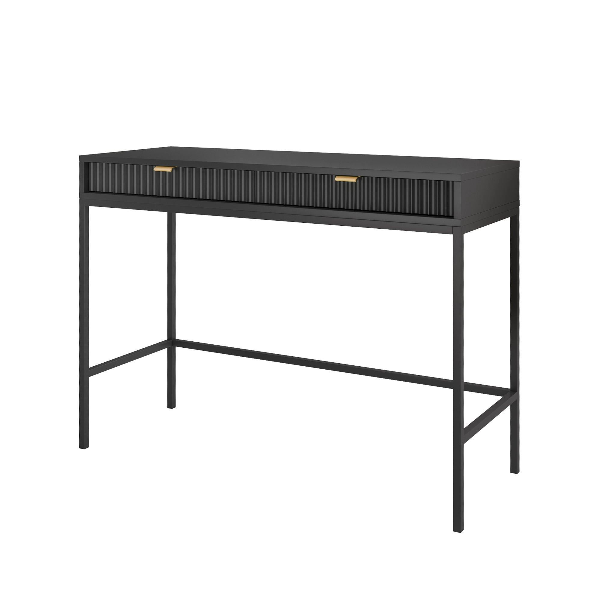 Schminktisch-Schreibtisch Vellore 104 cm schwarz mit geriffelten Fronten und goldenen Griffen