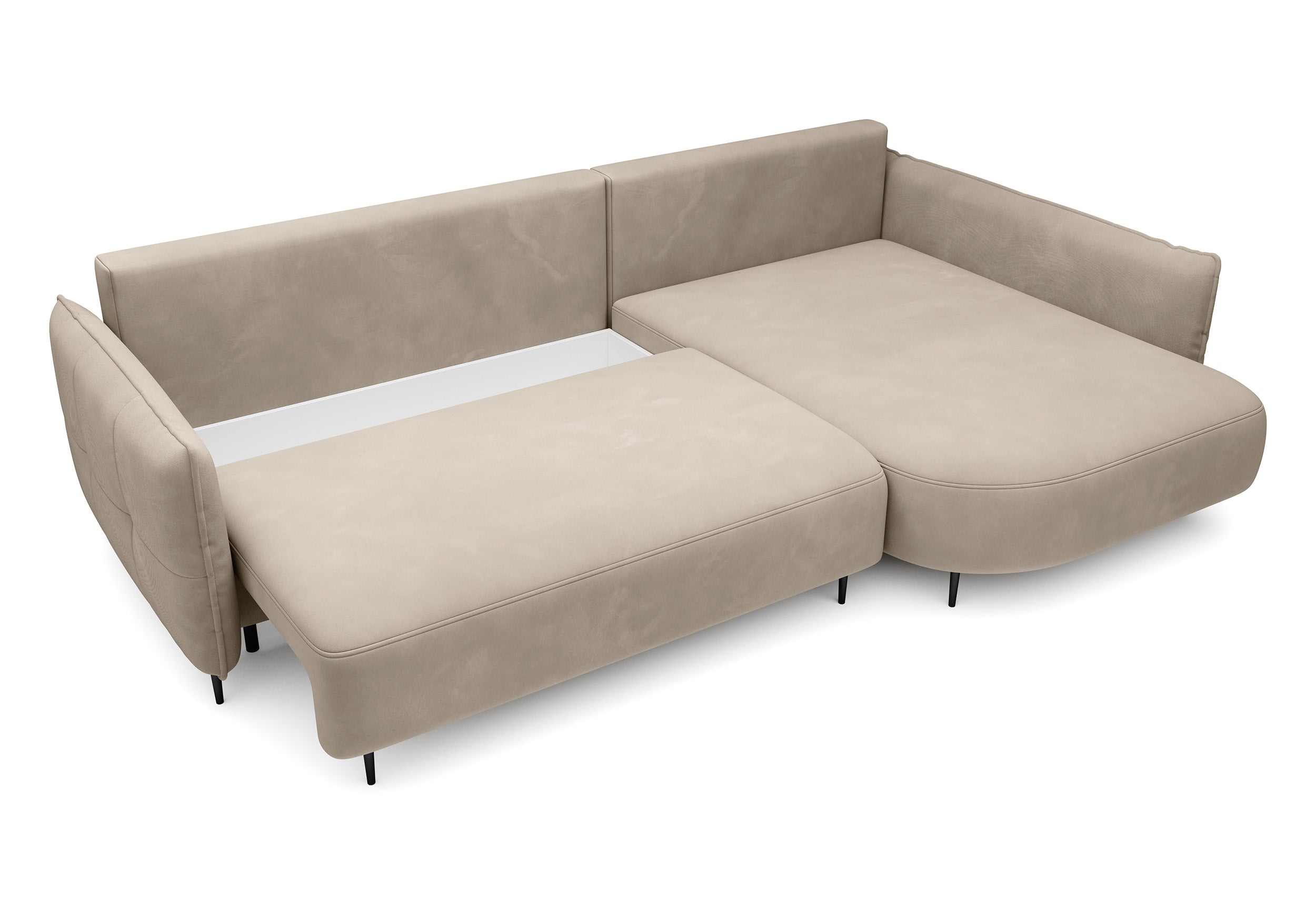 Ecksofa Oblivio mit Schlaffunktion, L-förmig, mit Stauraum, hellbeiger Samt, rechtsseitig, wasserabweisend