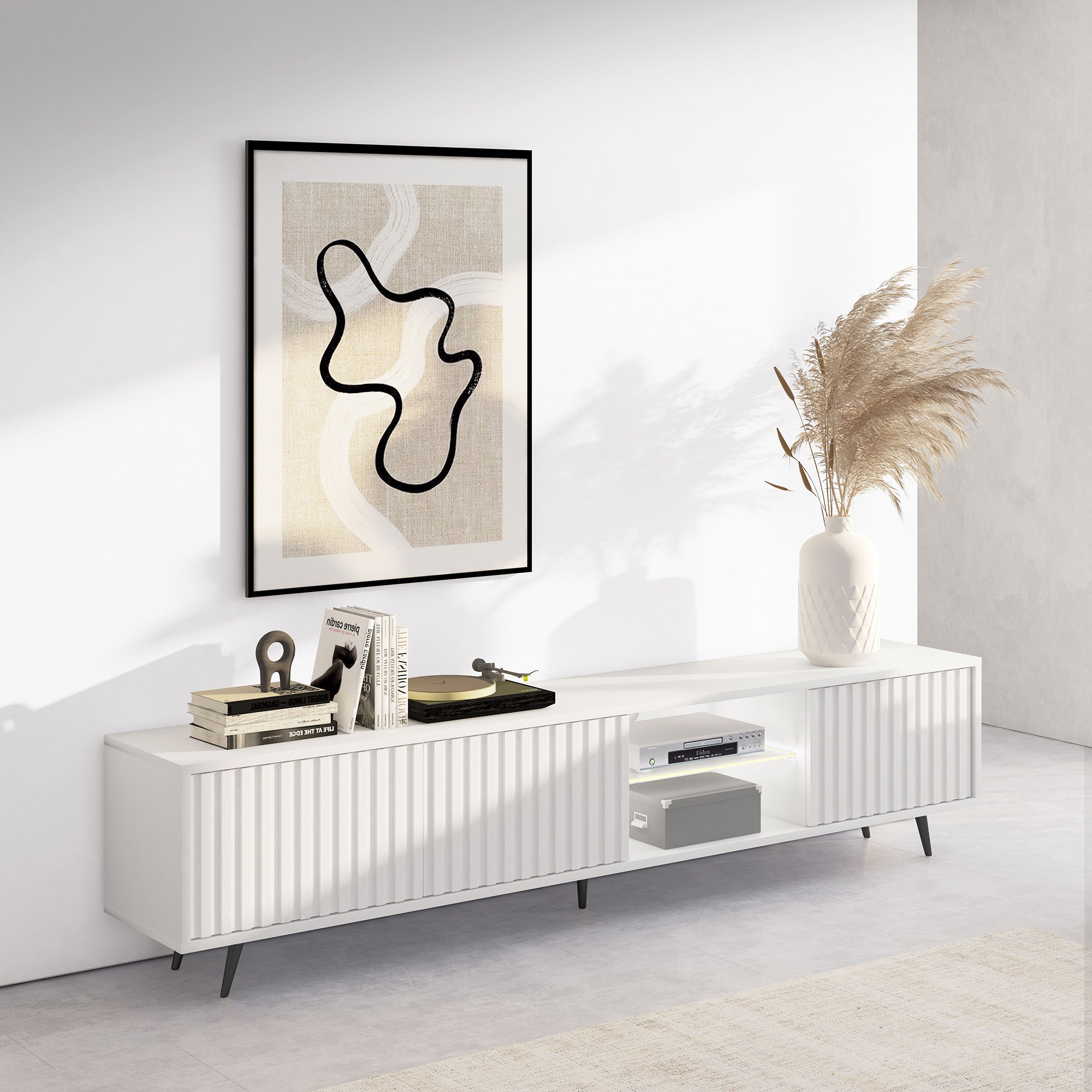 TV-Schrank Bello mit Lamellenfronten, 175 cm, weiß, mit LED und schwarzen Beinen