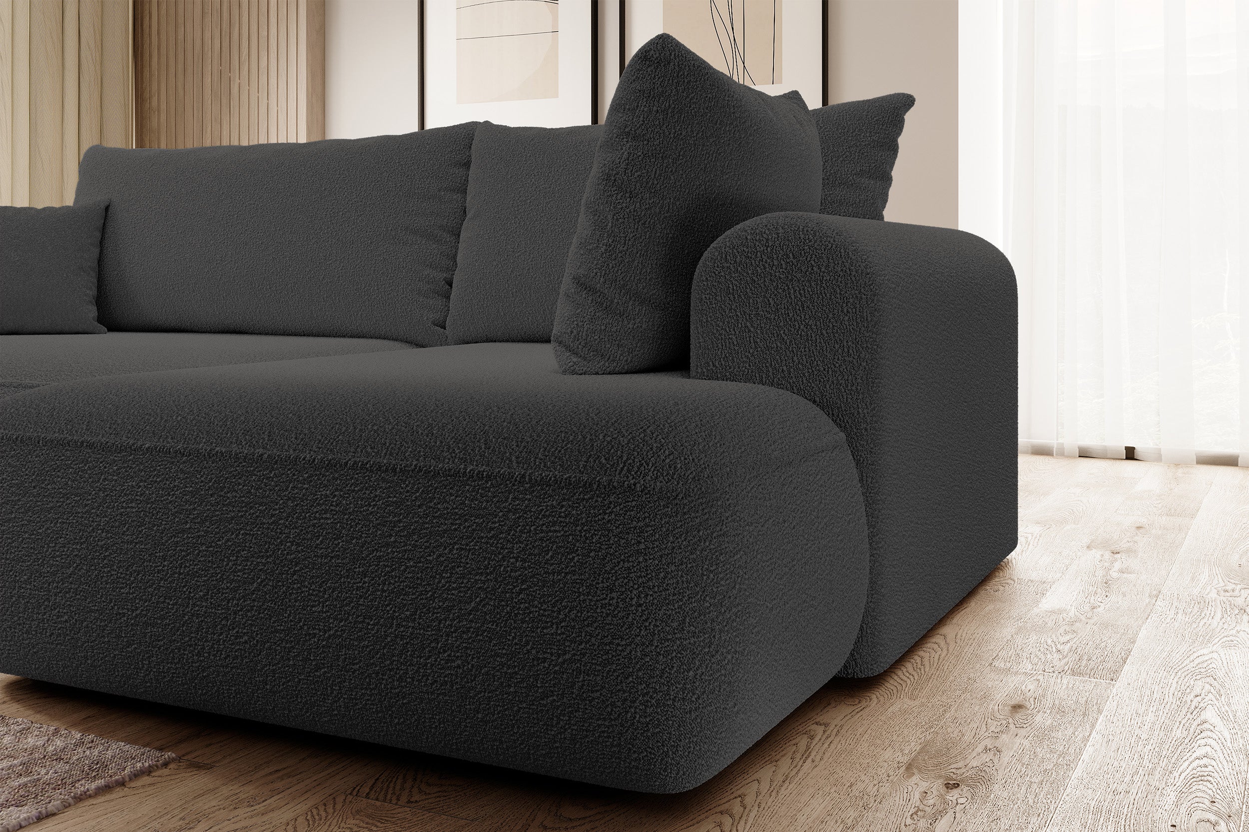 Ecksofa mit Schlaffunktion Ovo, L-förmig, mit Armlehne und Stauraum, dunkelgrauer Bouclé, rechtsseitig