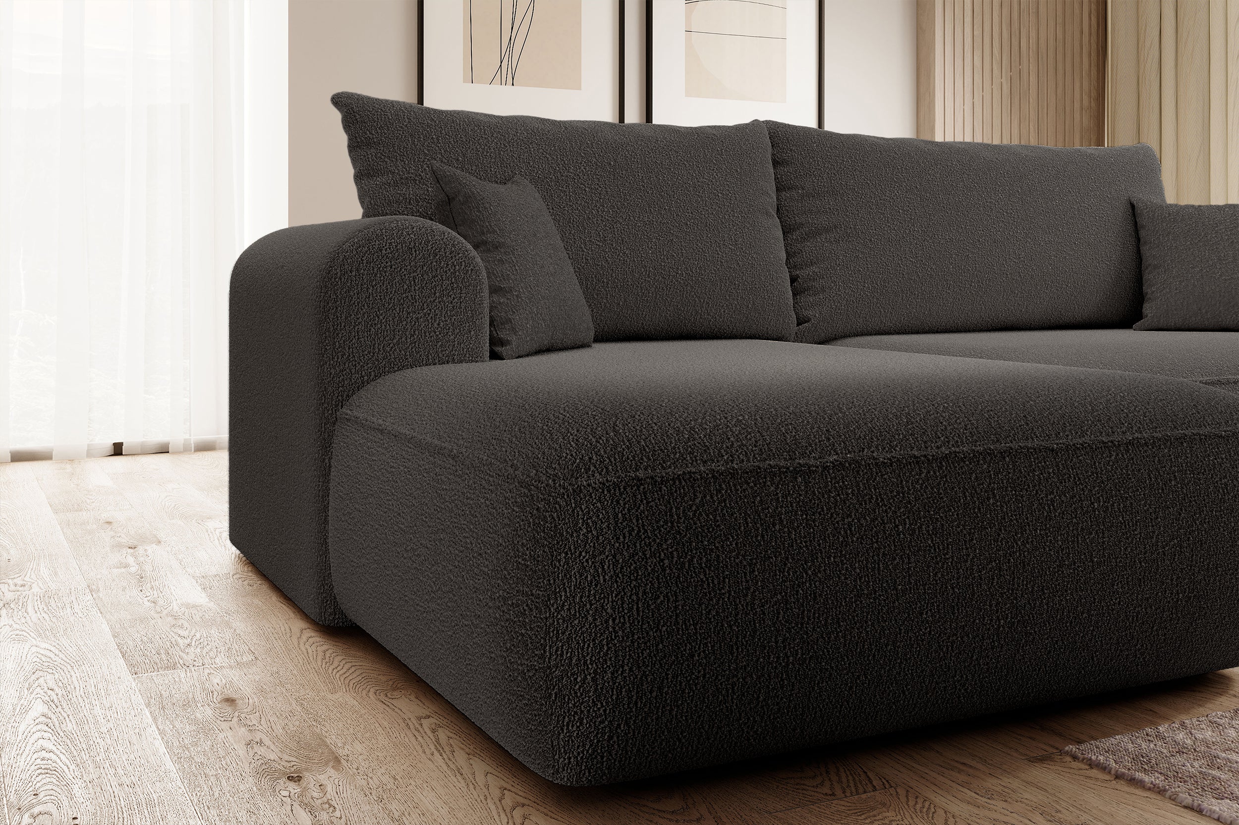 Ecksofa mit Schlaffunktion Ovo, L-förmig, dunkelgrau, mit Stauraum, Bouclé, linksseitig