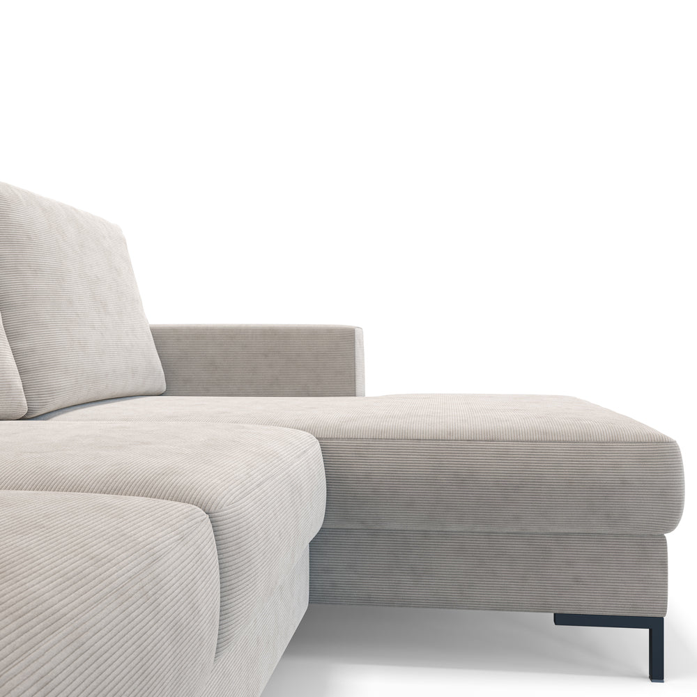 Ecksofa mit Schlafunktion Mokpeo, L-förmig, mit zwei Stauraumfächern auf schwarzen Füßen, beige Cordstoff, rechtsseitig