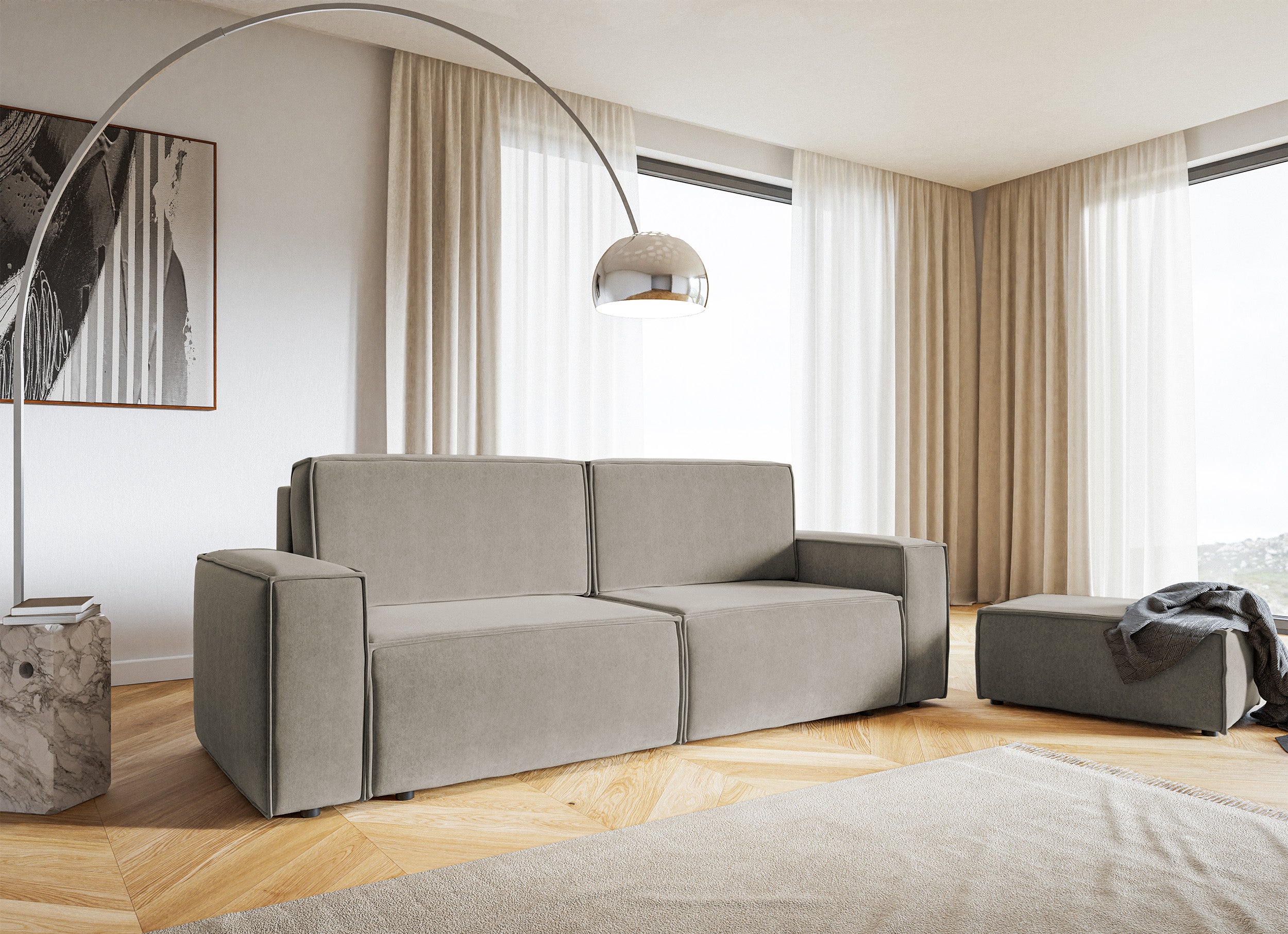 Ottomane Copertino 65x90 cm, grau-beige, wasserabweisender Samt