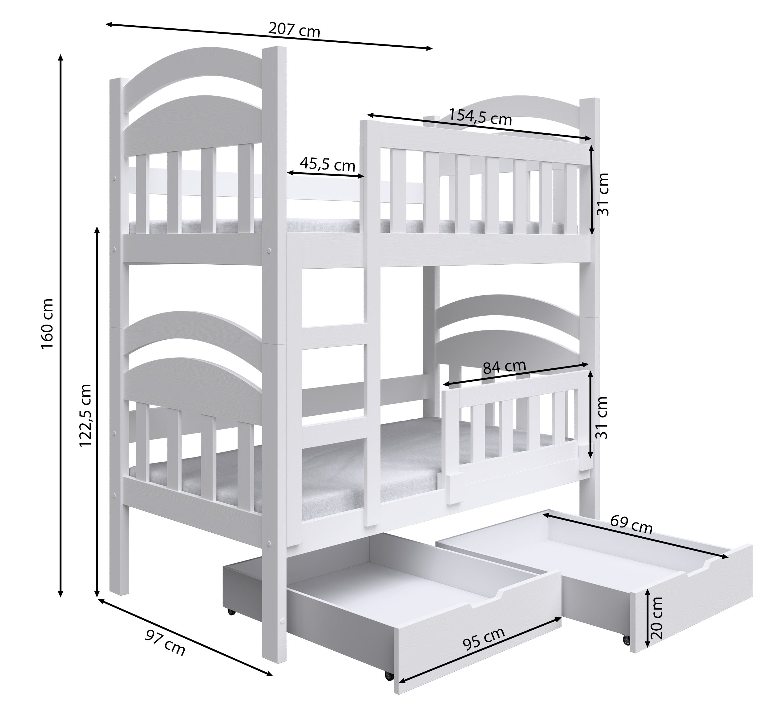 Etagenbett 90x200 cm Dopio mit Schubladen grau