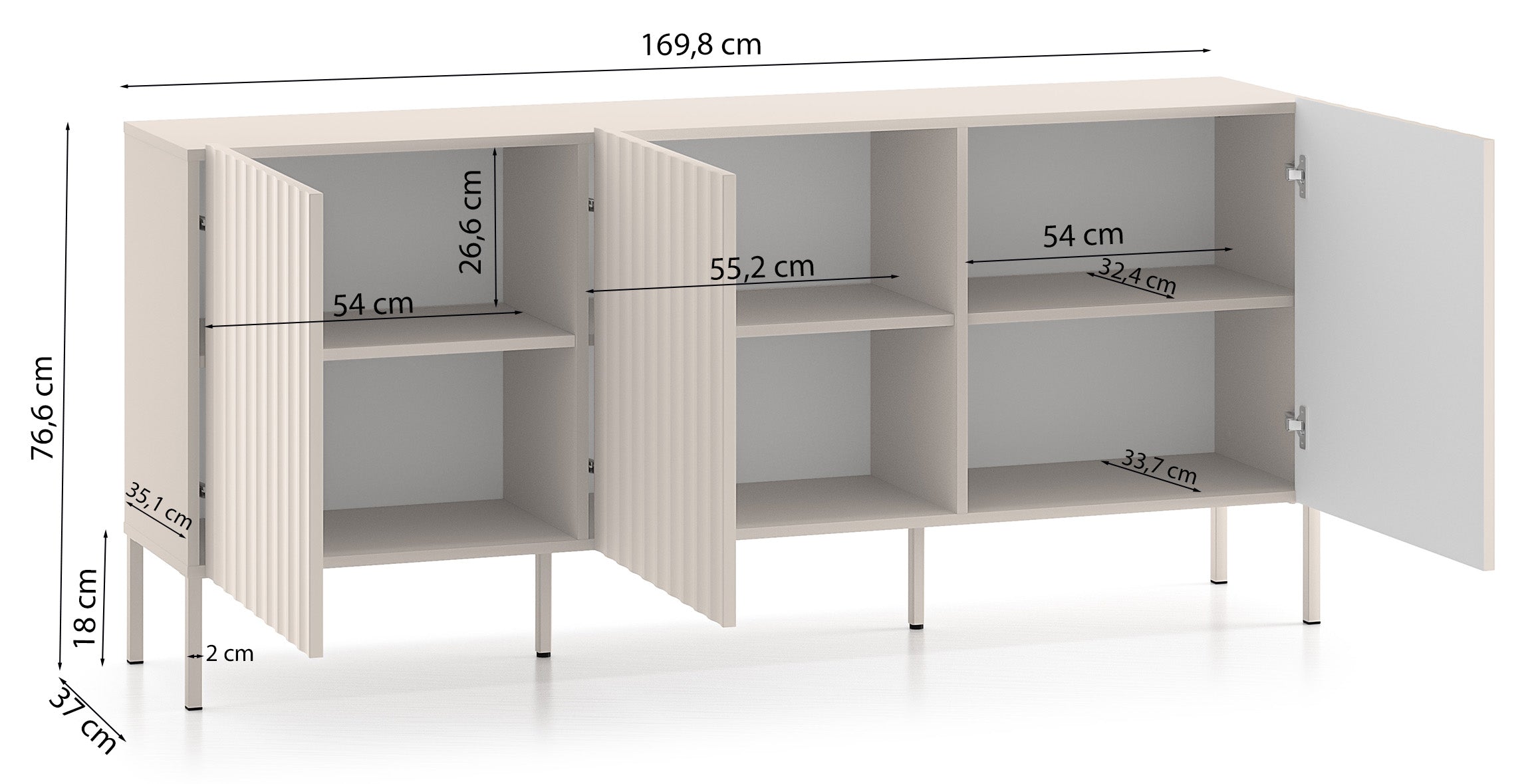 Drehtür-Kommode Derriva mit gerillten Fronten, 170 cm, Kaschmir