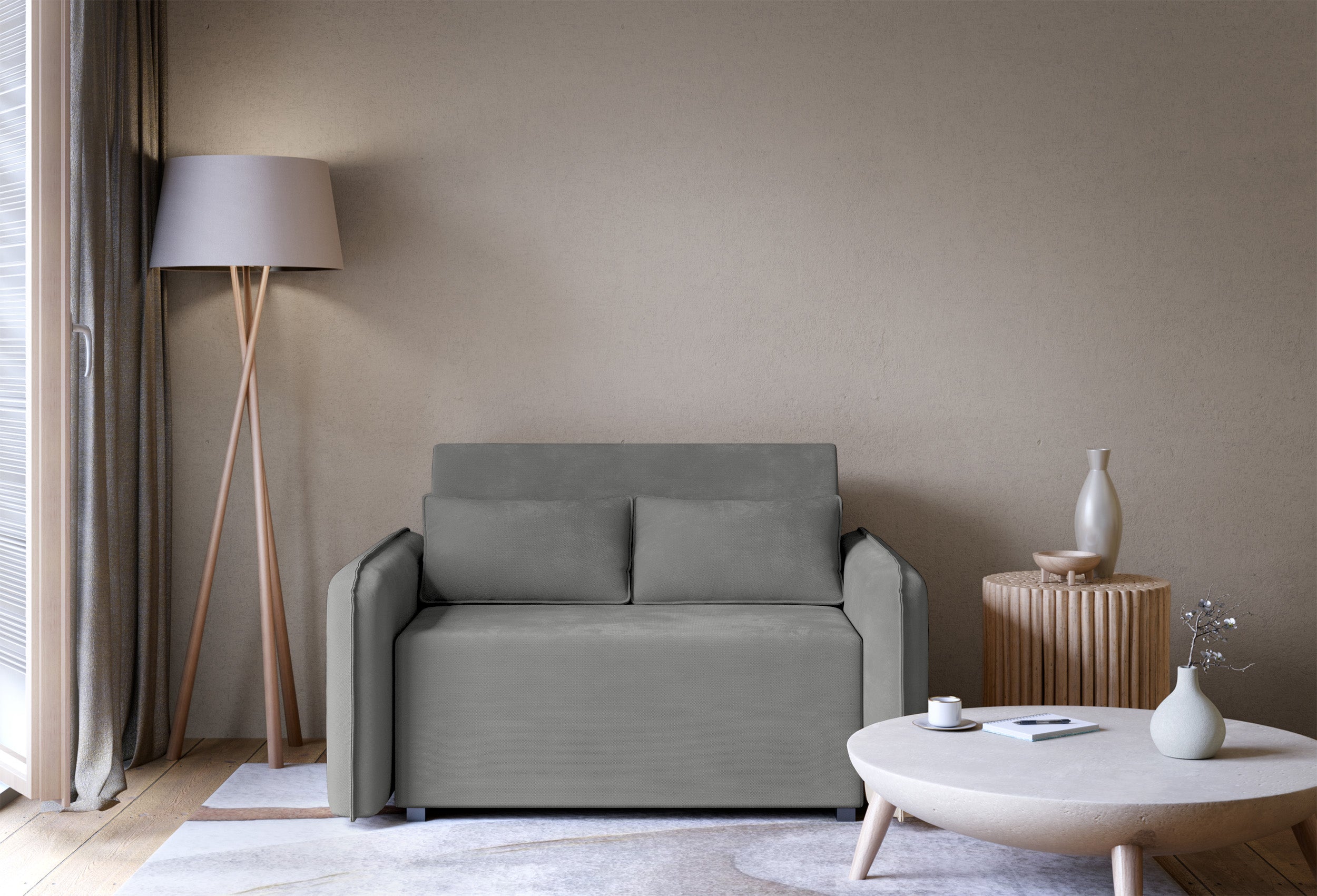 Zweisitziges Schlafsofa Duelia mit Stauraum, dunkelgrauer hydrophober Chenillebezug