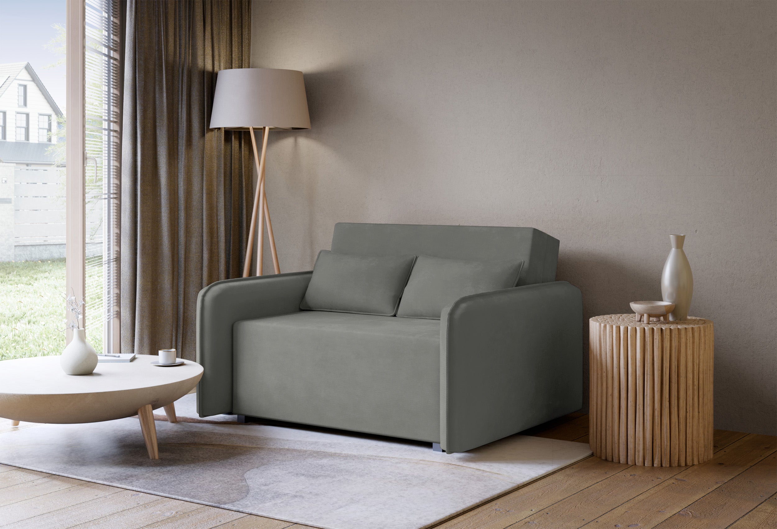 Zweisitziges Schlafsofa Duelia mit Stauraum, dunkelgrauer hydrophober Chenillebezug