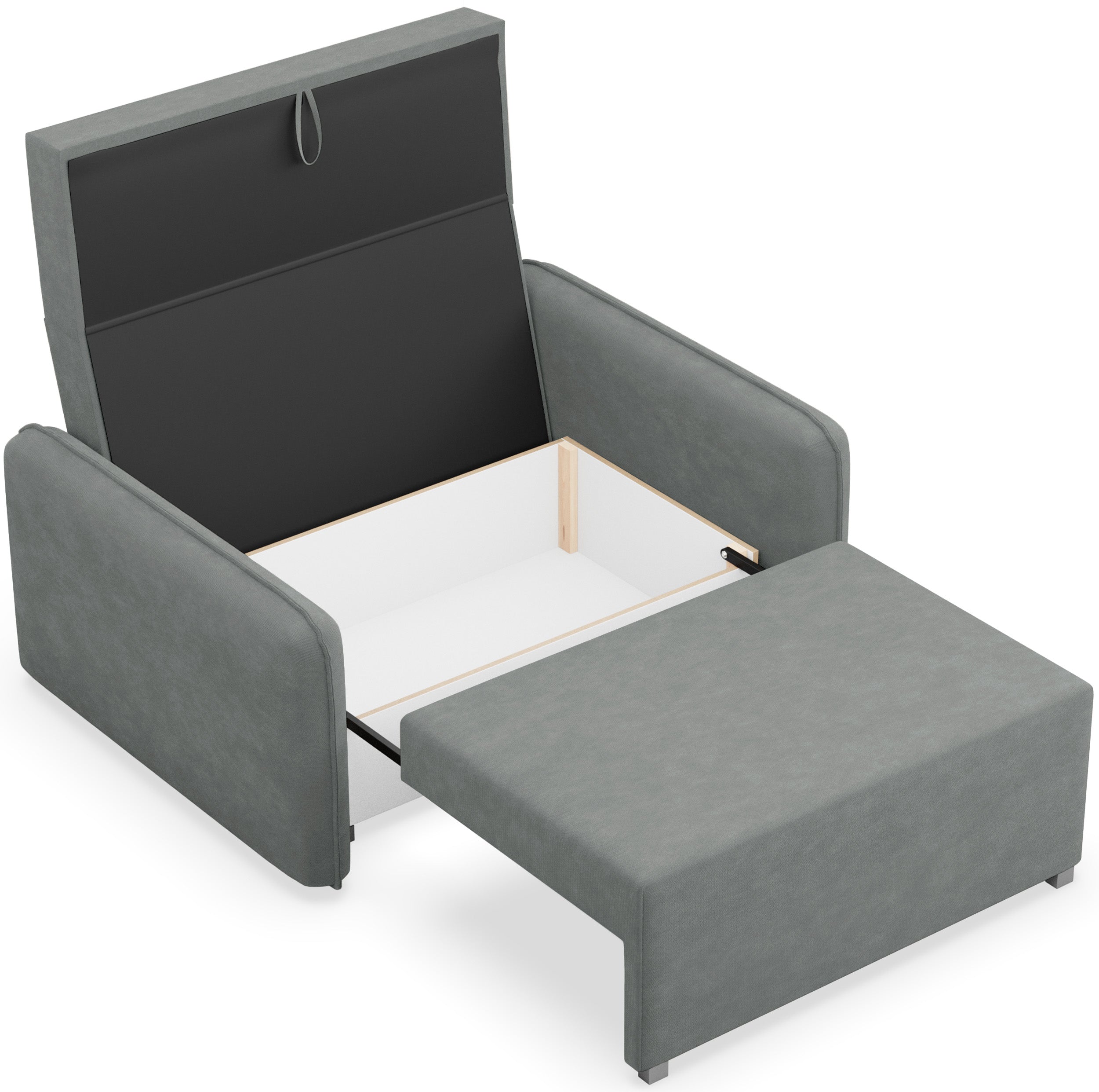 Zweisitziges Schlafsofa Duelia mit Stauraum, dunkelgrauer hydrophober Chenillebezug
