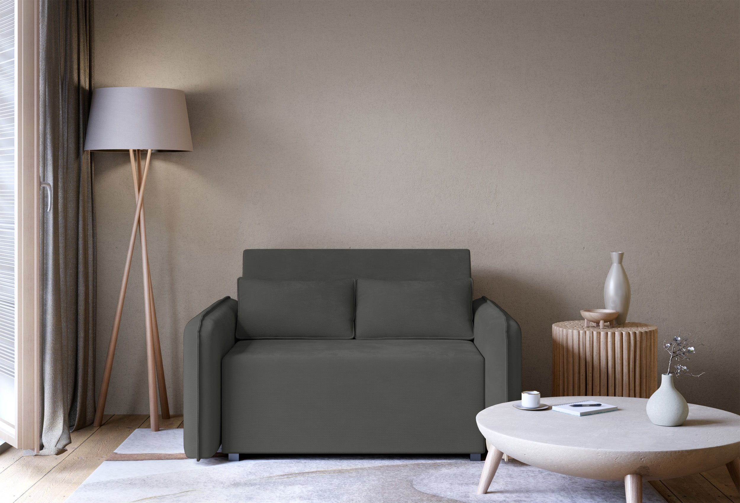 Zweisitziges ausklappbares Sofa Duelia mit Stauraum, graphitfarben, hydrophobes Chenille