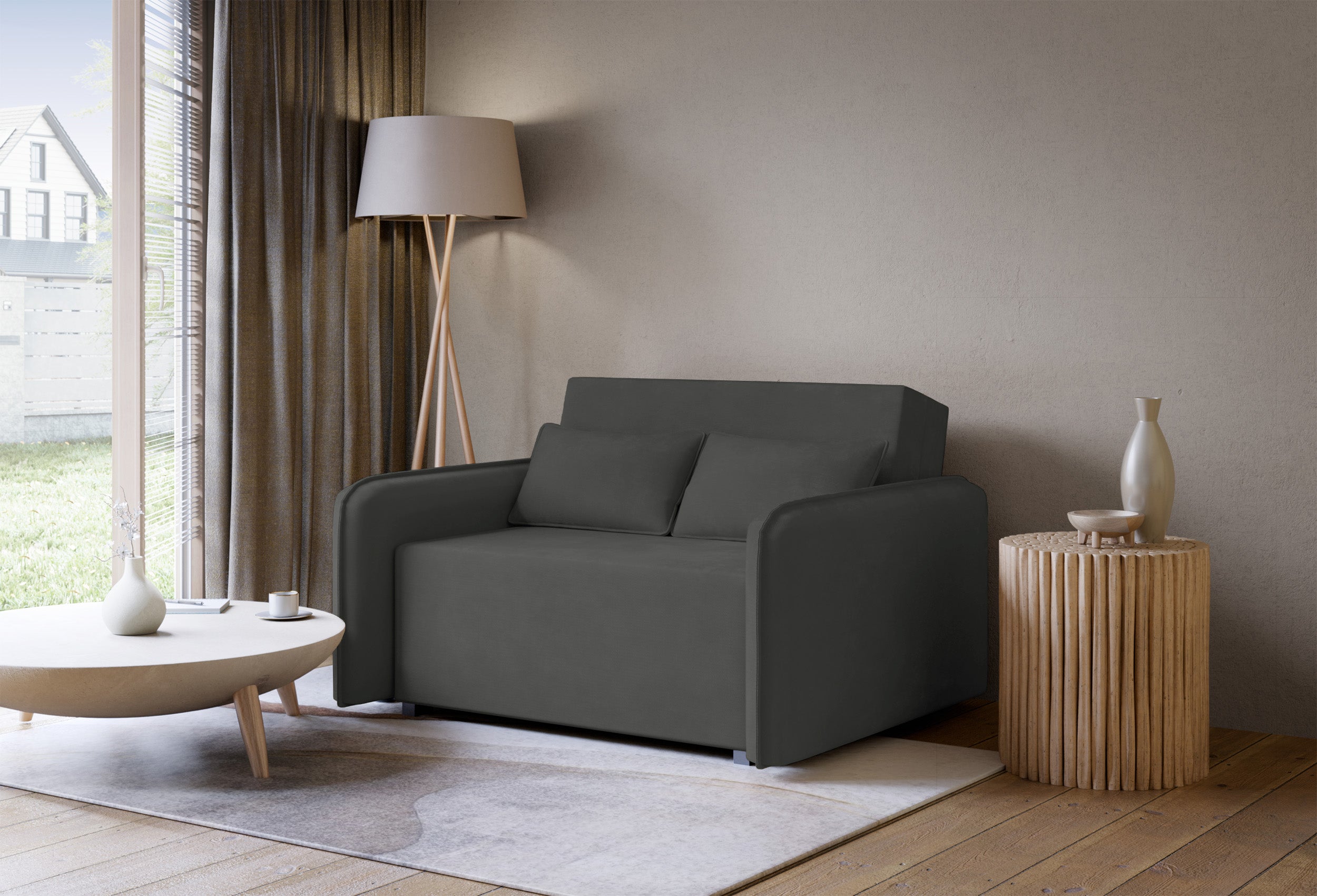 Zweisitziges ausklappbares Sofa Duelia mit Stauraum, graphitfarben, hydrophobes Chenille