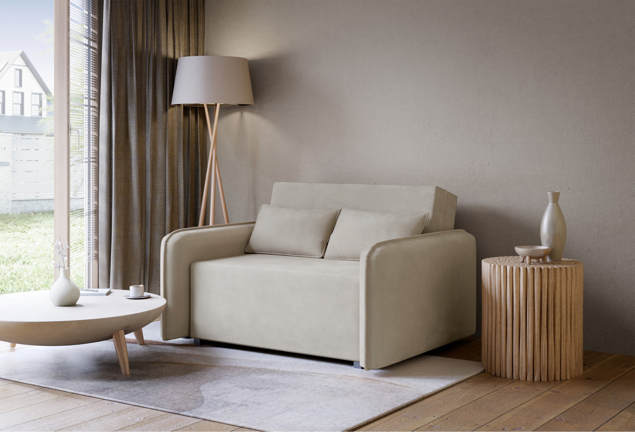 Zweisitziges ausklappbares Sofa Duelia mit Stauraum, beige, hydrophobes Chenille