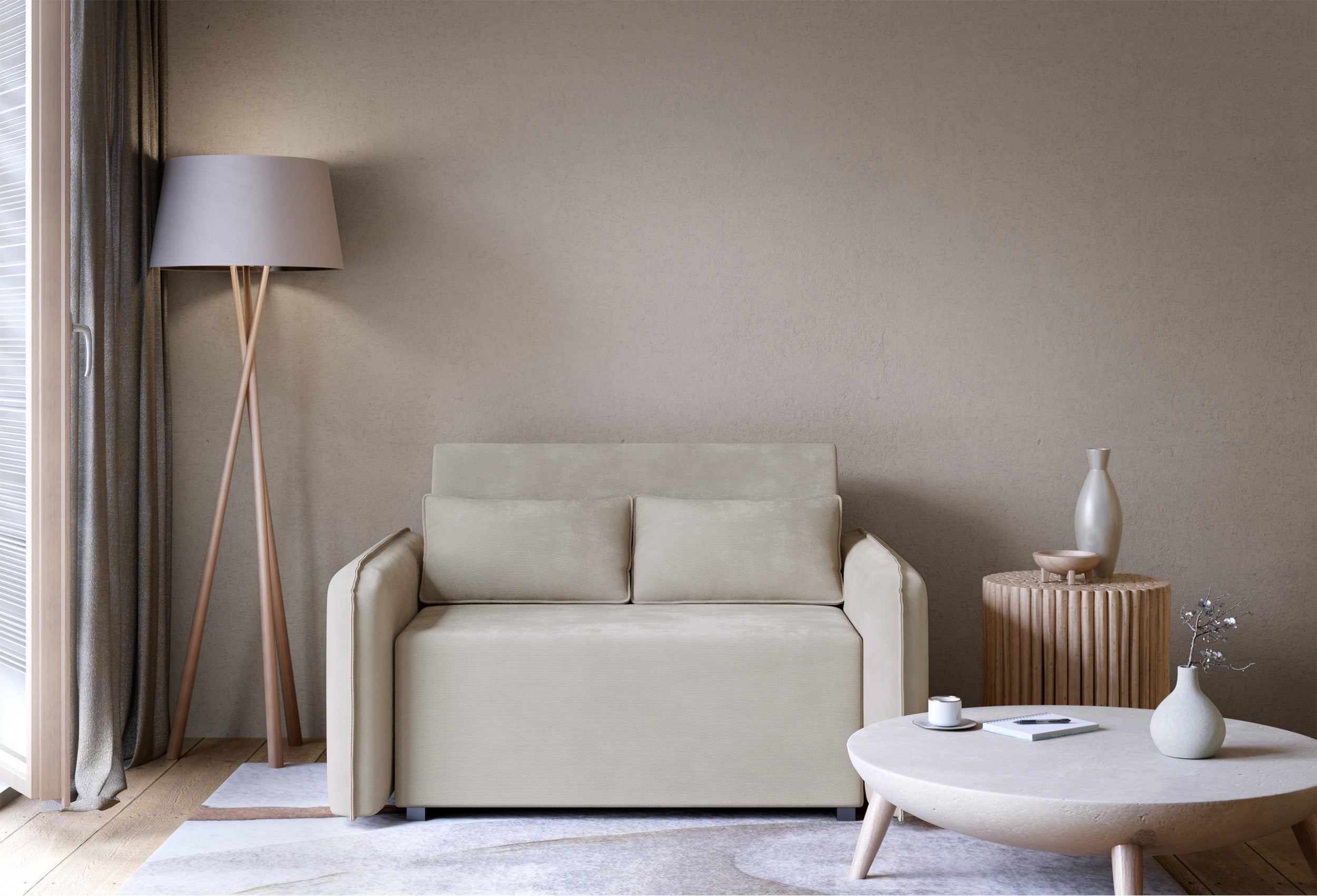 Zweisitziges ausklappbares Sofa Duelia mit Stauraum, beige, hydrophobes Chenille