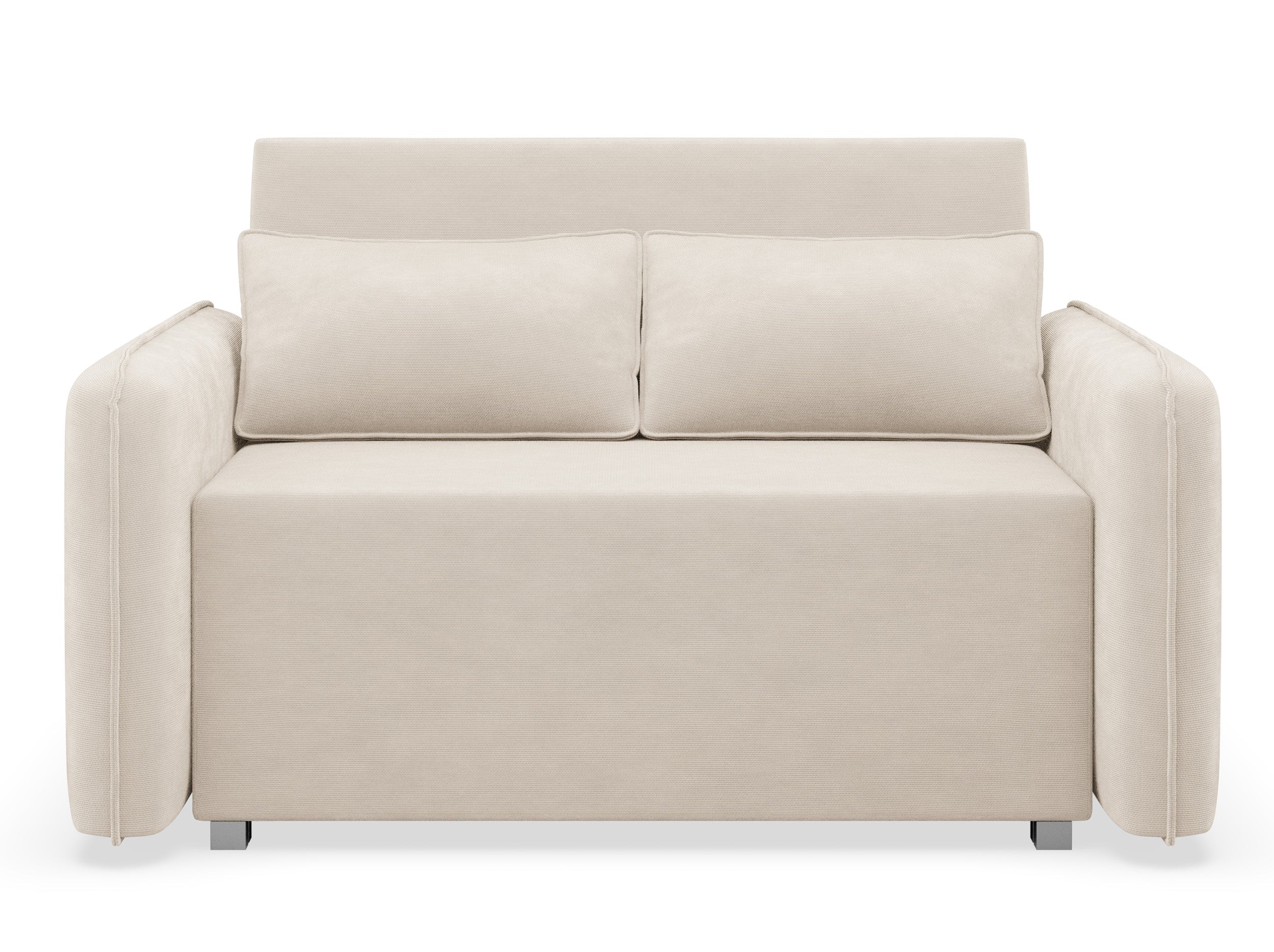 Zweisitziges ausklappbares Sofa Duelia mit Aufbewahrungsfach, hellbeiger hydrophober Chenillestoff