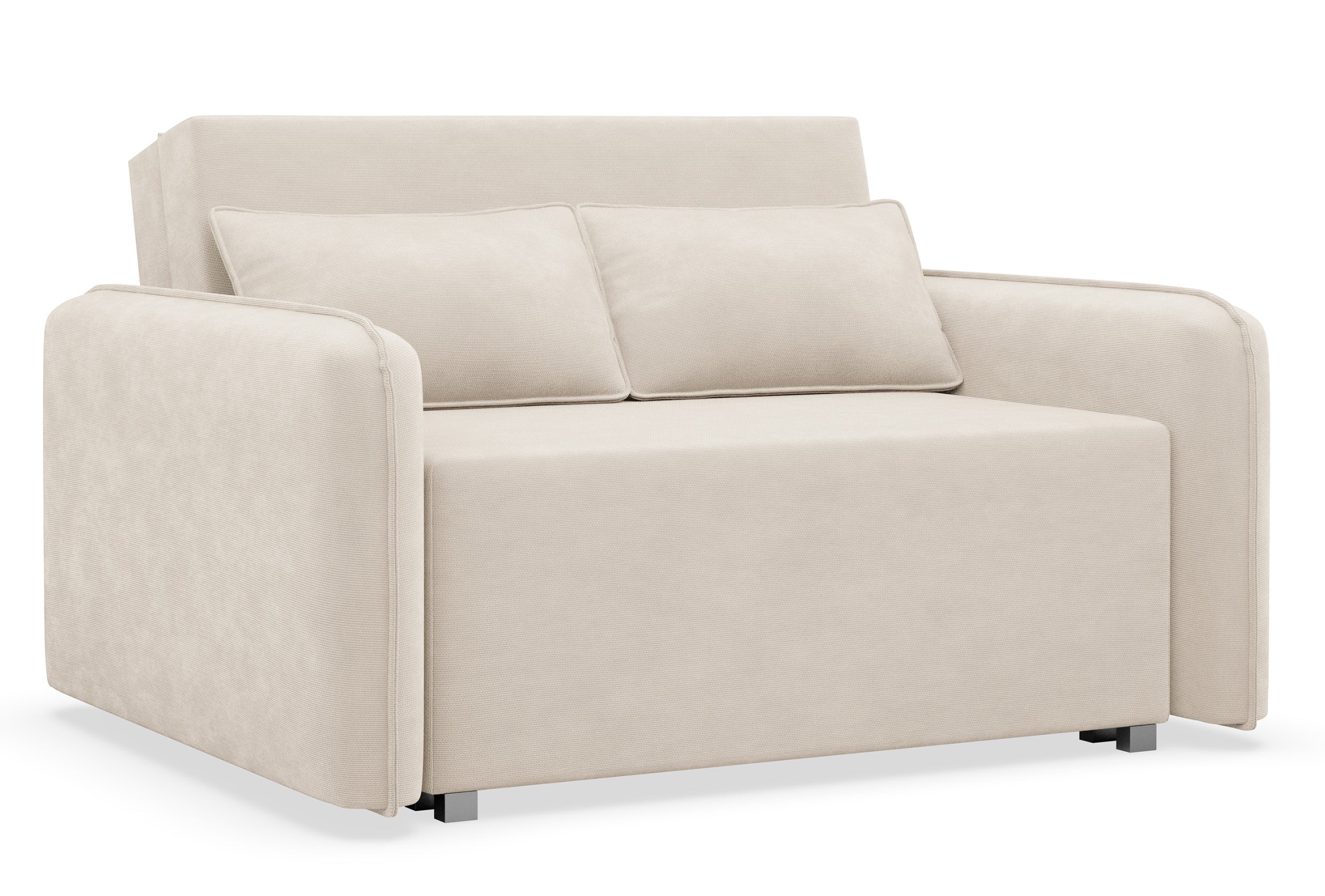 Zweisitziges ausklappbares Sofa Duelia mit Aufbewahrungsfach, hellbeiger hydrophober Chenillestoff