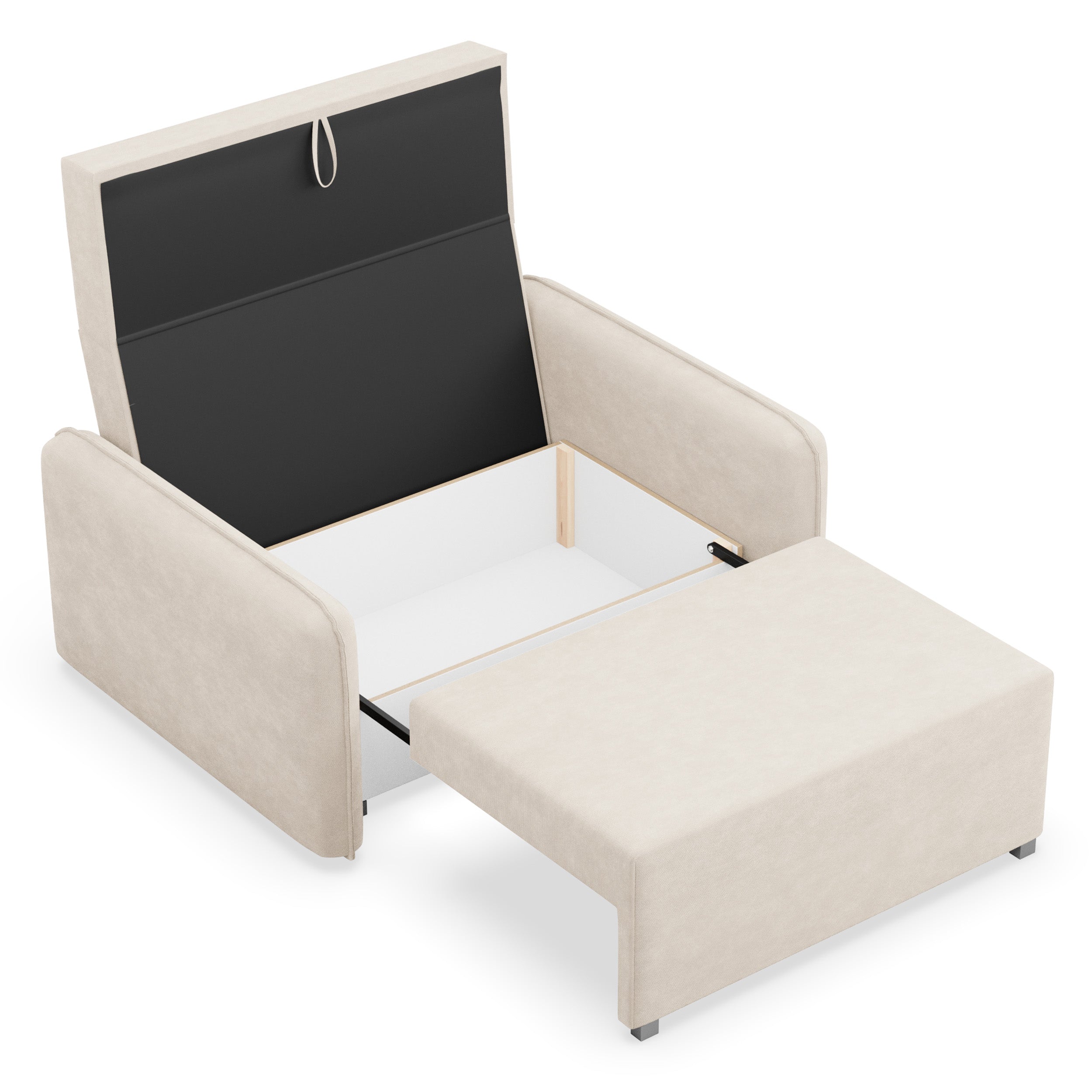 Zweisitziges ausklappbares Sofa Duelia mit Aufbewahrungsfach, hellbeiger hydrophober Chenillestoff