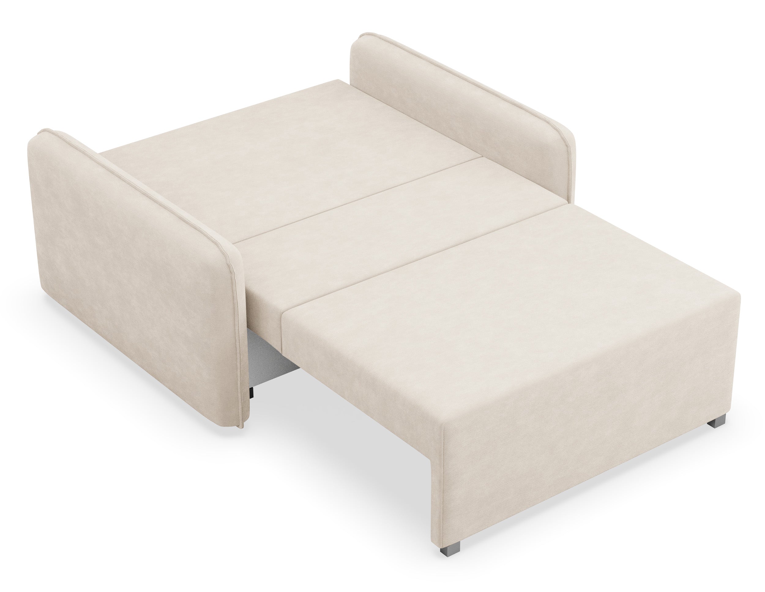 Zweisitziges ausklappbares Sofa Duelia mit Aufbewahrungsfach, hellbeiger hydrophober Chenillestoff