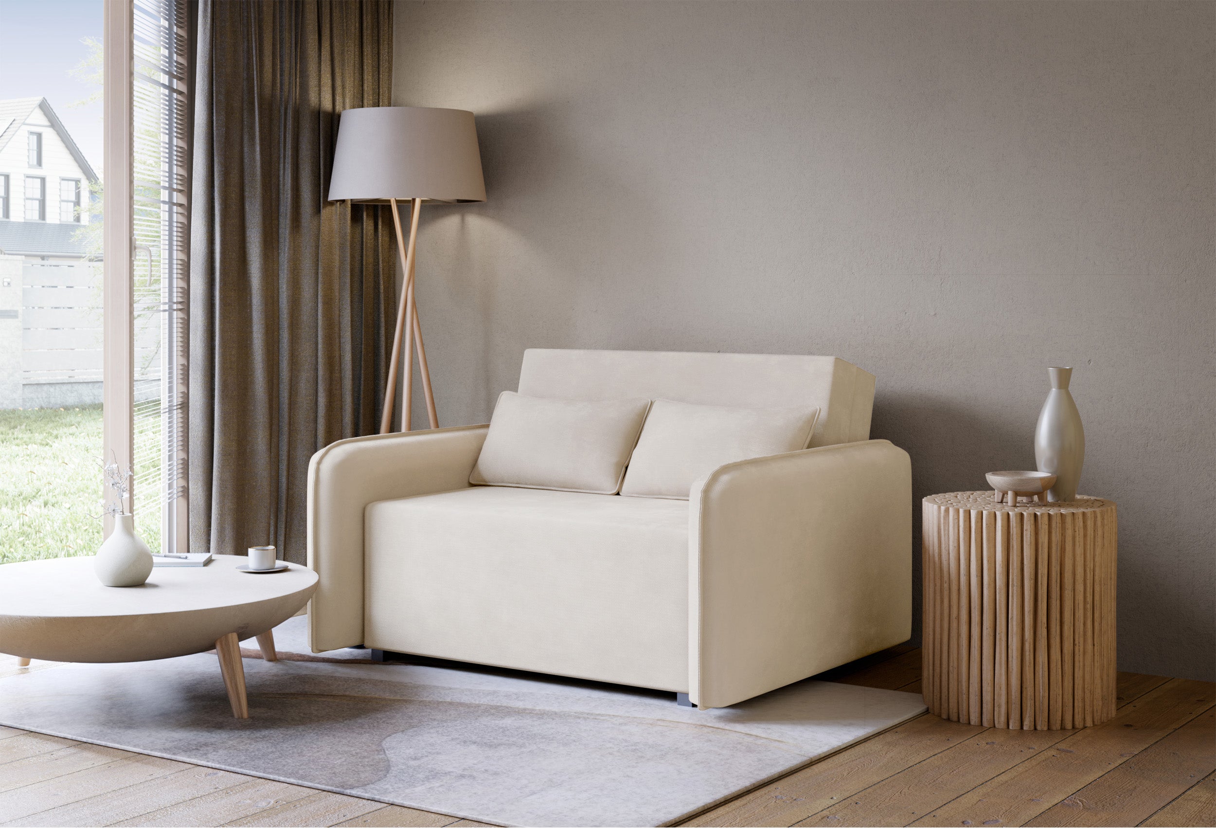 Zweisitziges ausklappbares Sofa Duelia mit Aufbewahrungsfach, hellbeiger hydrophober Chenillestoff