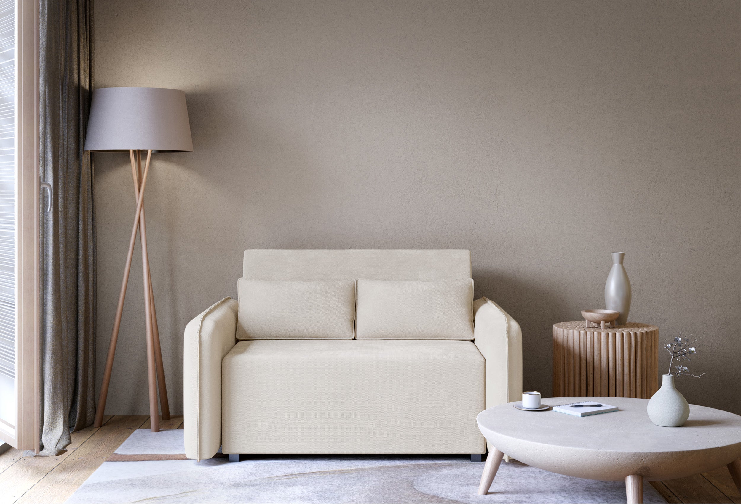 Zweisitziges ausklappbares Sofa Duelia mit Aufbewahrungsfach, hellbeiger hydrophober Chenillestoff