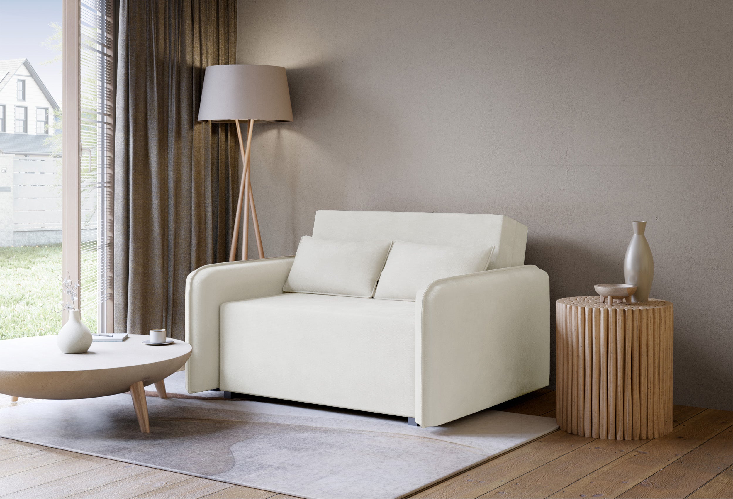 Zweisitziges ausklappbares Sofa Duelia mit Stauraum, cremefarben, hydrophobes Chenille