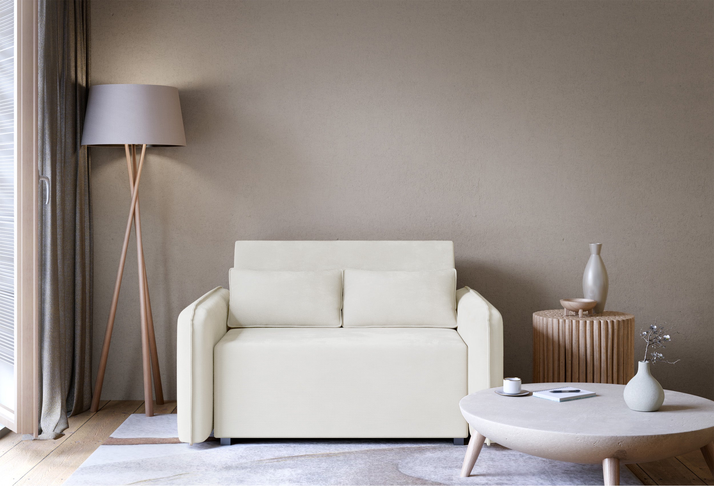 Zweisitziges ausklappbares Sofa Duelia mit Stauraum, cremefarben, hydrophobes Chenille