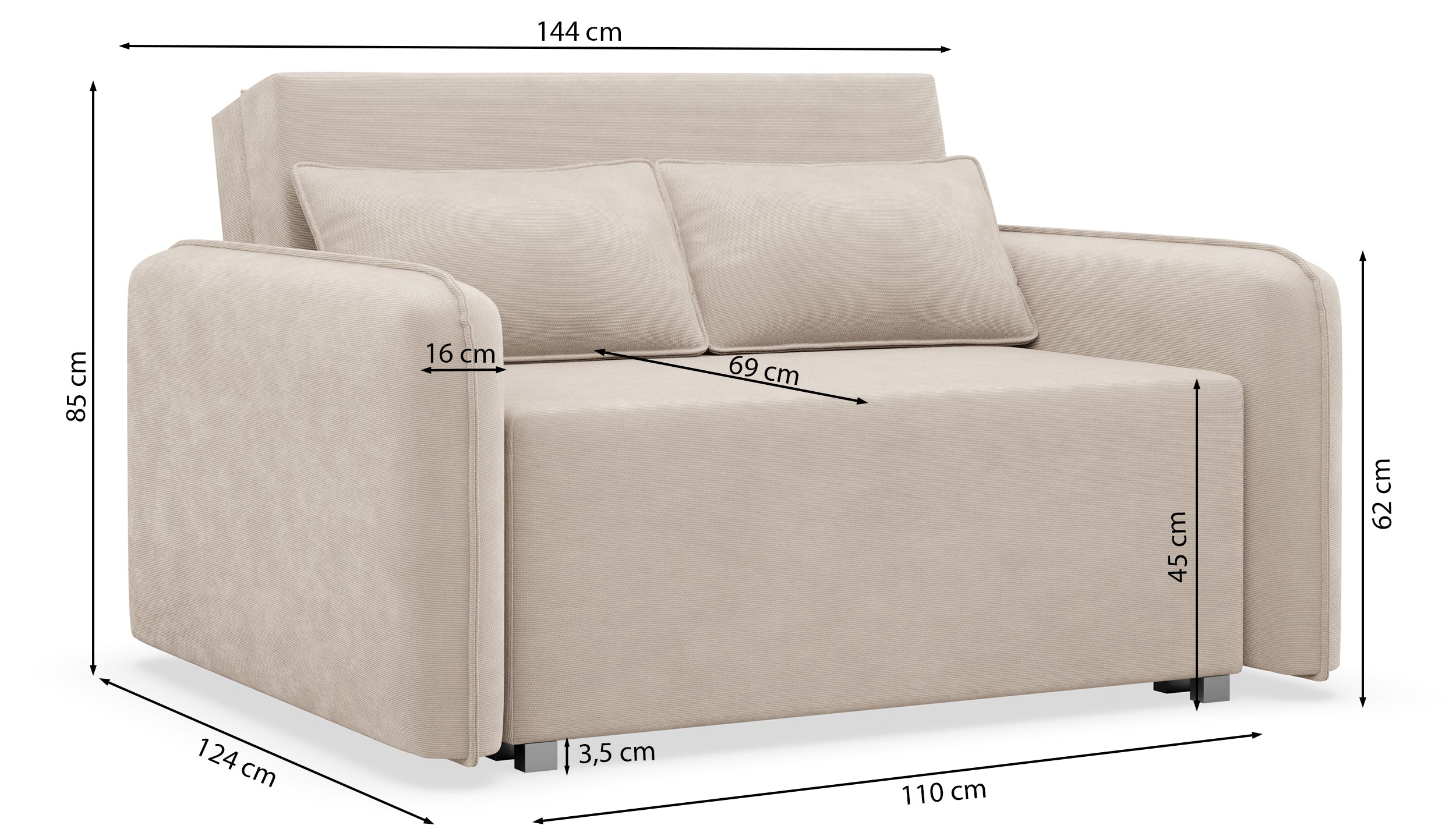 Zweisitziges ausklappbares Sofa Duelia mit Aufbewahrungsfach, hellbeiger hydrophober Chenillestoff