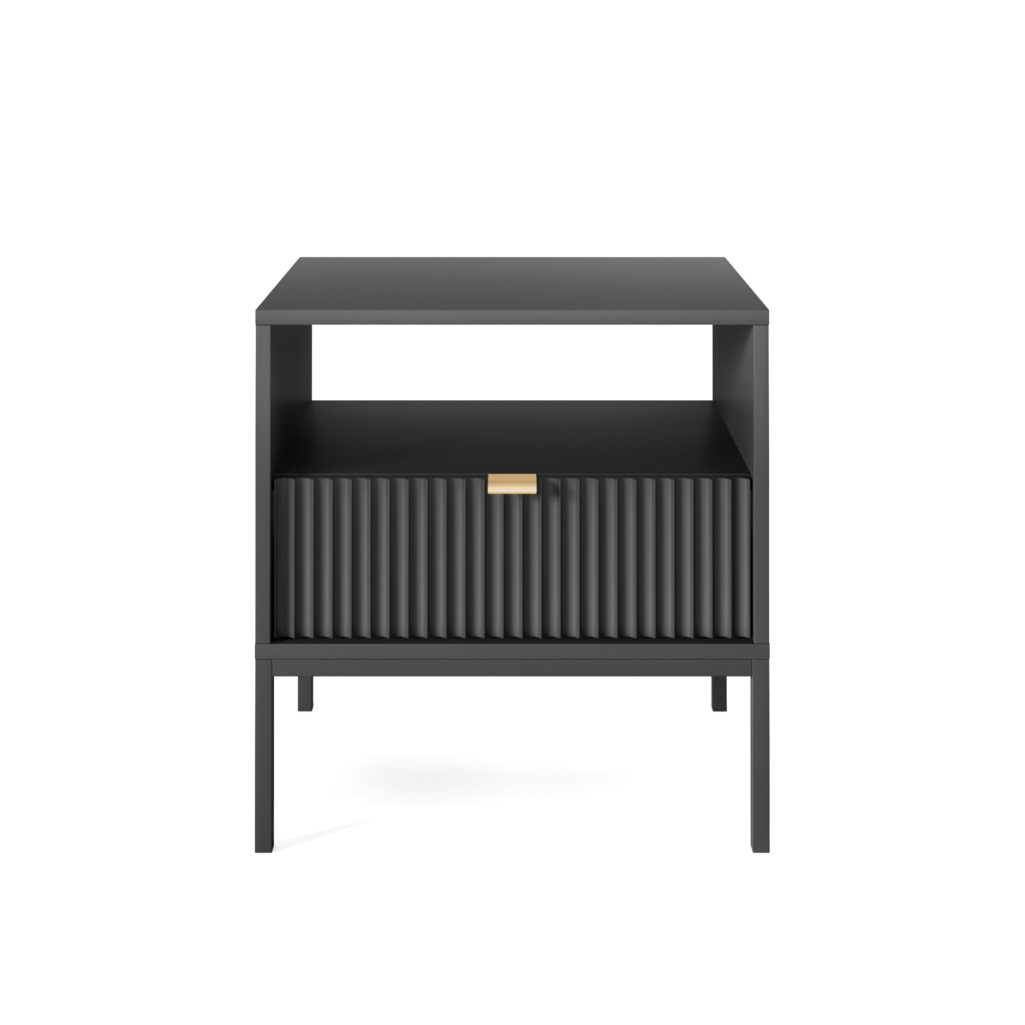 Nachttisch Vellore 54 cm schwarz mit geriffelter Front und goldenem Griff
