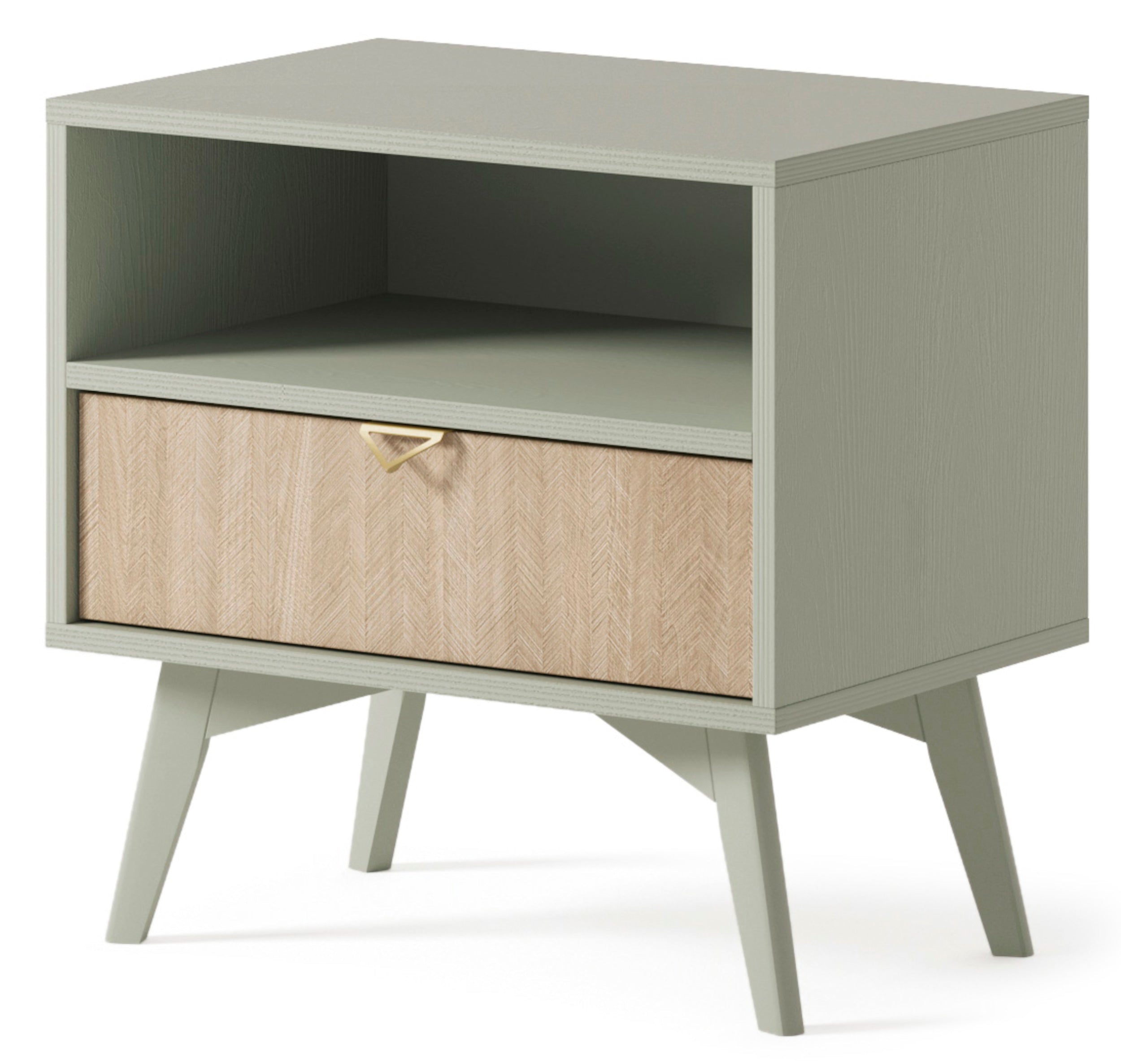 Nachttisch Favoria mit Schublade 54 cm Eukalyptus/Fischgrätmuster Scandi mit goldenem Griff