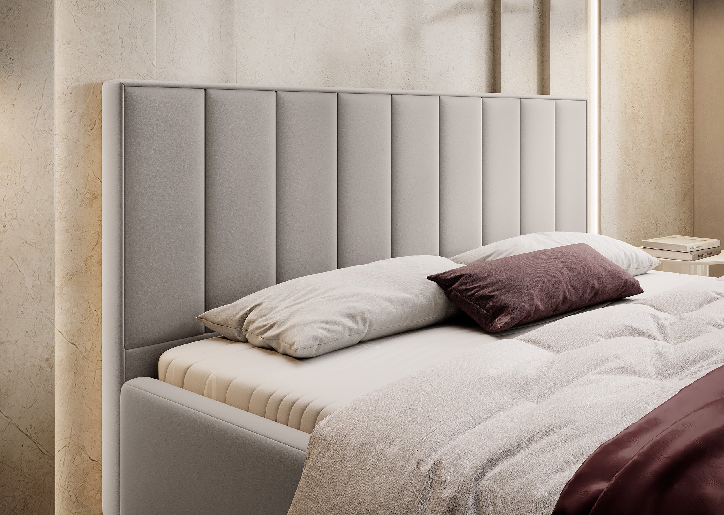 Gepolstertes Bett 160x200 cm Rinus mit Stauraum, grau-beige aus hydrophobem Stoff