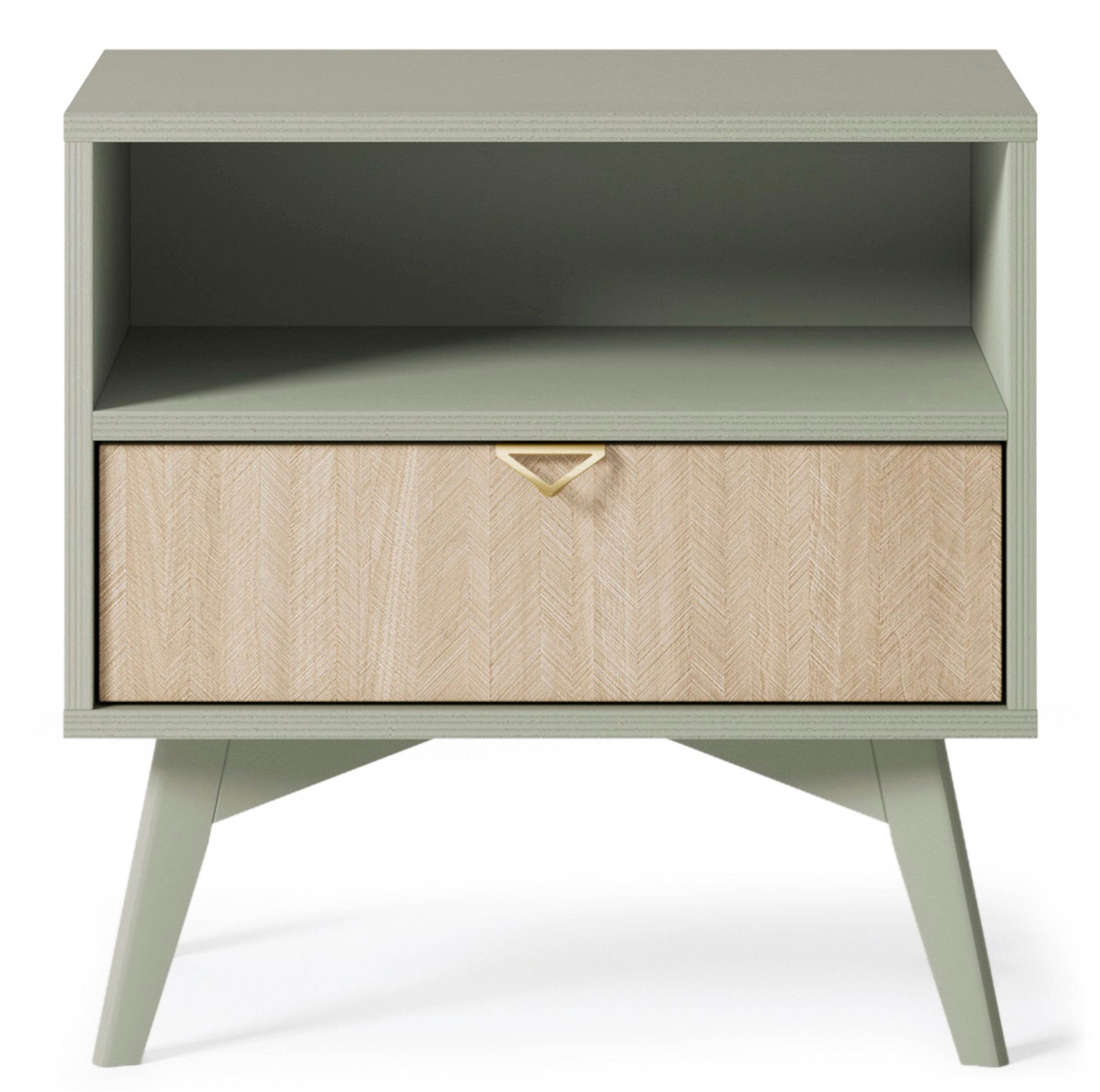 Nachttisch Favoria mit Schublade 54 cm Eukalyptus/Fischgrätmuster Scandi mit goldenem Griff