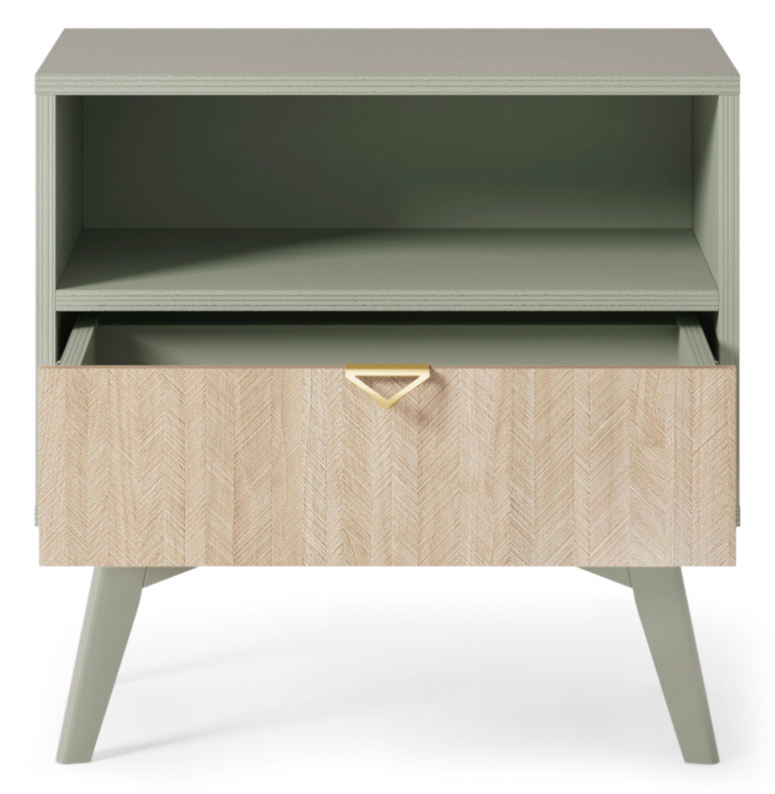 Nachttisch Favoria mit Schublade 54 cm Eukalyptus/Fischgrätmuster Scandi mit goldenem Griff