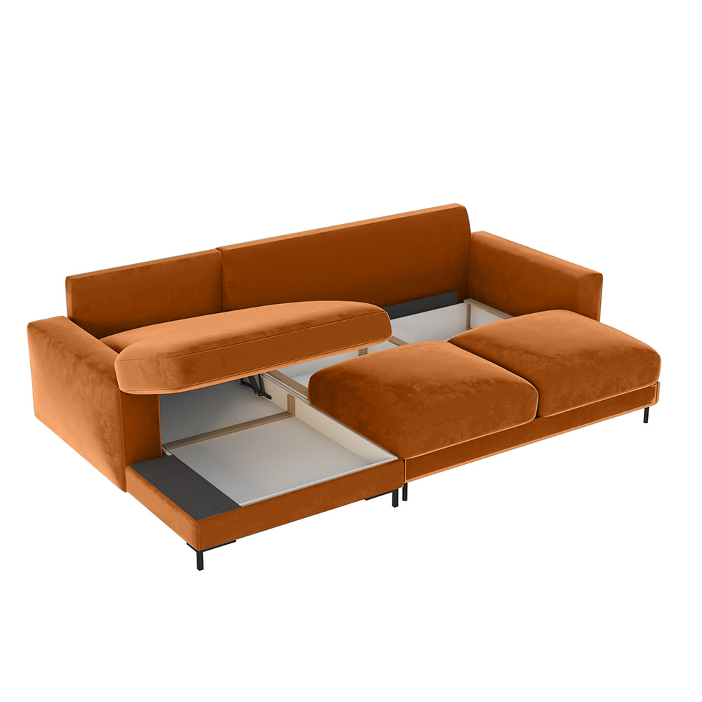 Ecksofa mit Schlafunktion Mokpeo, L-förmig, mit zwei Stauraumfächern, schwarzen Beinen, kupferfarbenem Samt, linksseitig