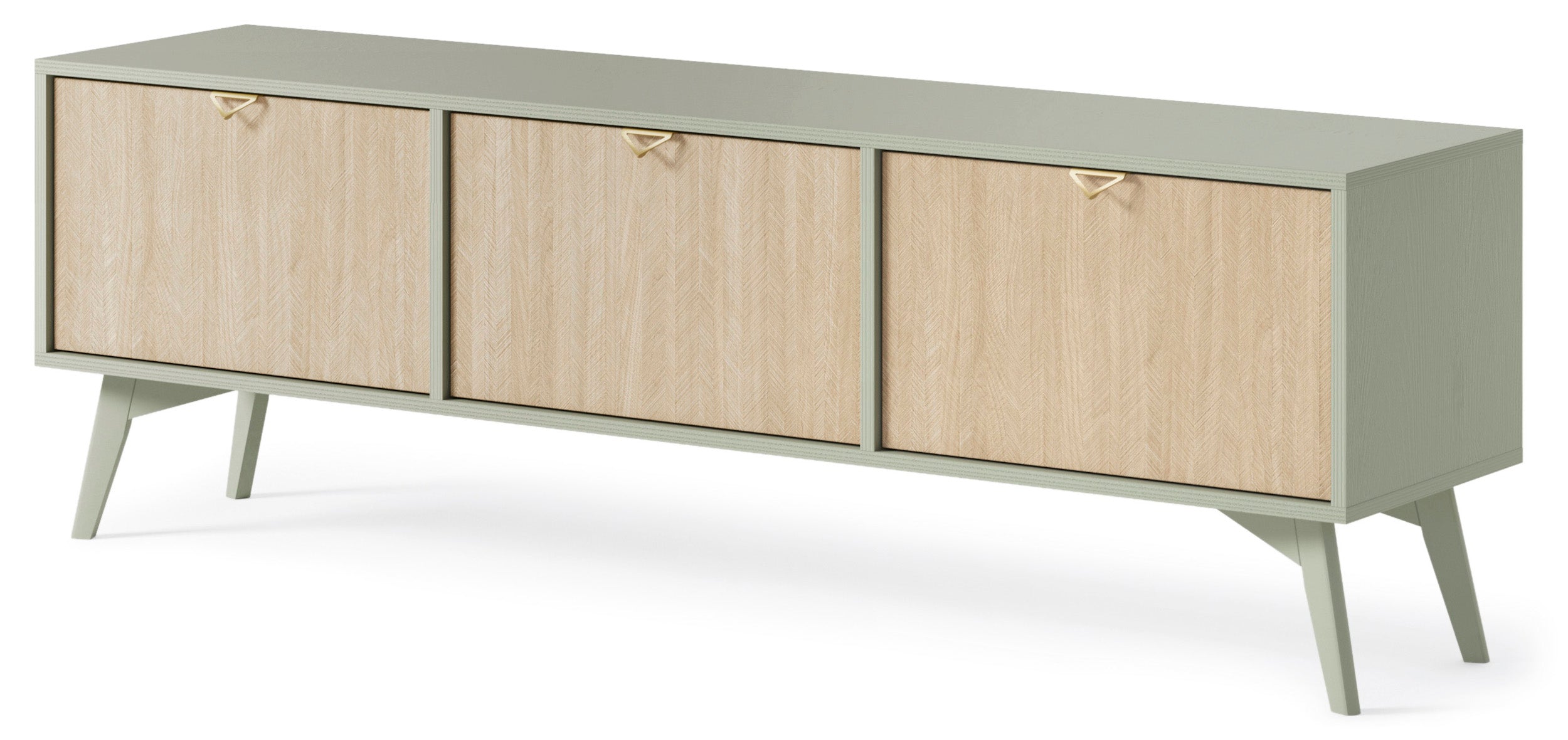TV-Schrank Favoria 158 cm Eukalyptus/Fischgrät-Scandi mit goldenen Griffen