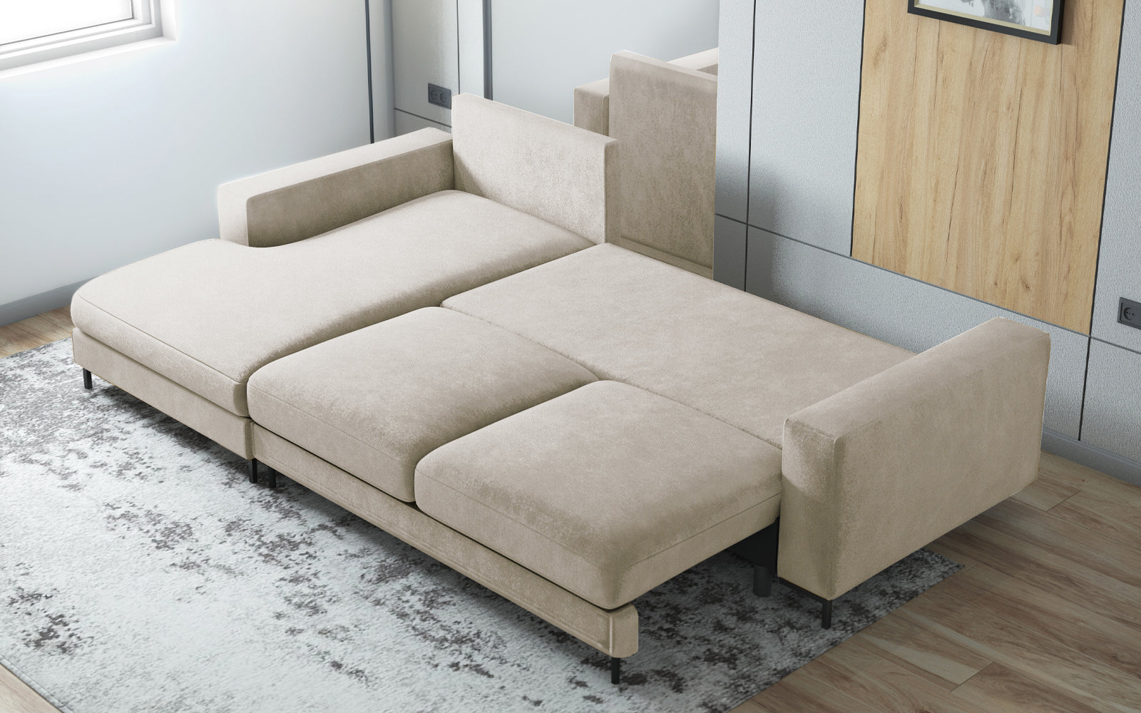Ecksofa mit Schlafunktion Mokpeo, L-förmig, mit zwei Stauraumfächern, auf schwarzen Füßen, hellbeige, aus leicht zu reinigendem Stoff, linksseitig