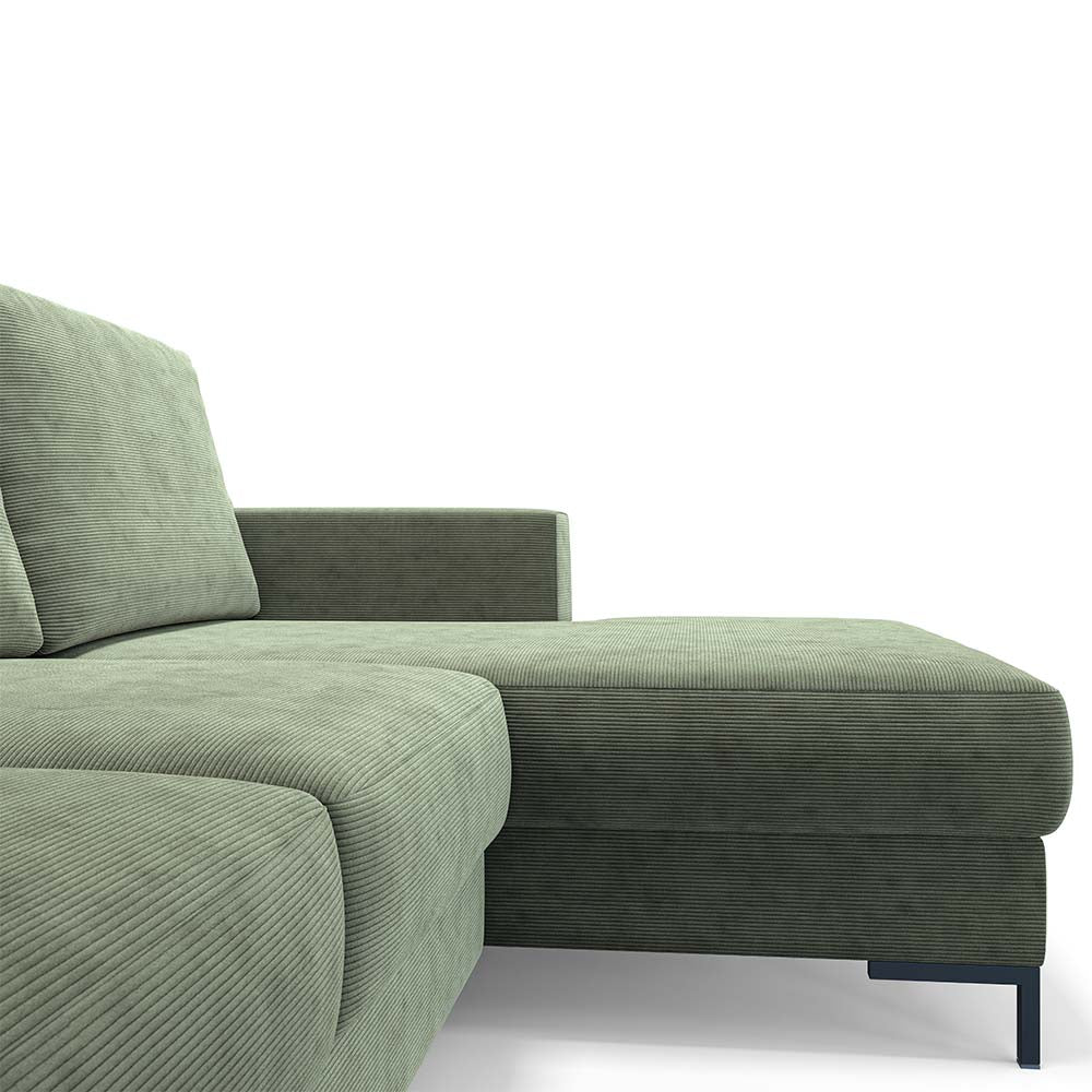 Ecksofa mit Schlaffunktion Mokpeo, L-förmig, mit zwei Stauraumfächern, auf schwarzen Füßen, grün, Cordstoff, rechtsseitig