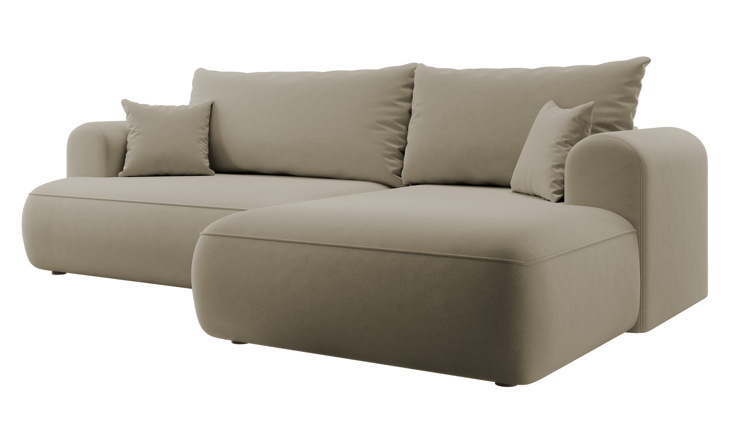 Ecksofa mit Schlaffunktion Ovo, L-förmig, beige Samt, mit Stauraum, aus leicht zu reinigendem Stoff, rechtsseitig