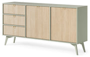 Kommode Favoria mit zwei Türen und Schubladen, 158 cm, Eukalyptus/Fischgrätmuster Scandi mit goldenen Griffen