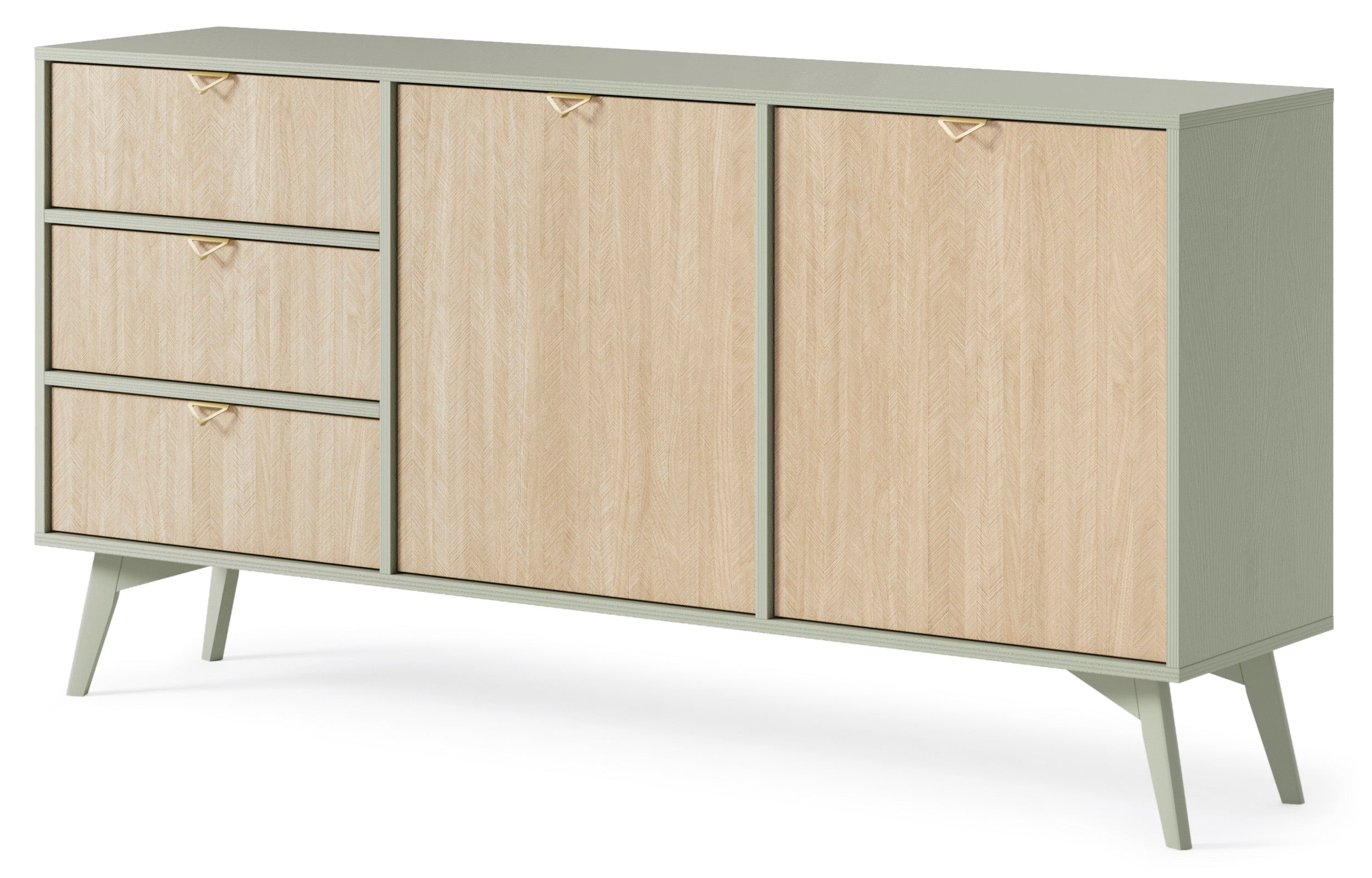 Kommode Favoria mit zwei Türen und Schubladen, 158 cm, Eukalyptus/Fischgrätmuster Scandi mit goldenen Griffen