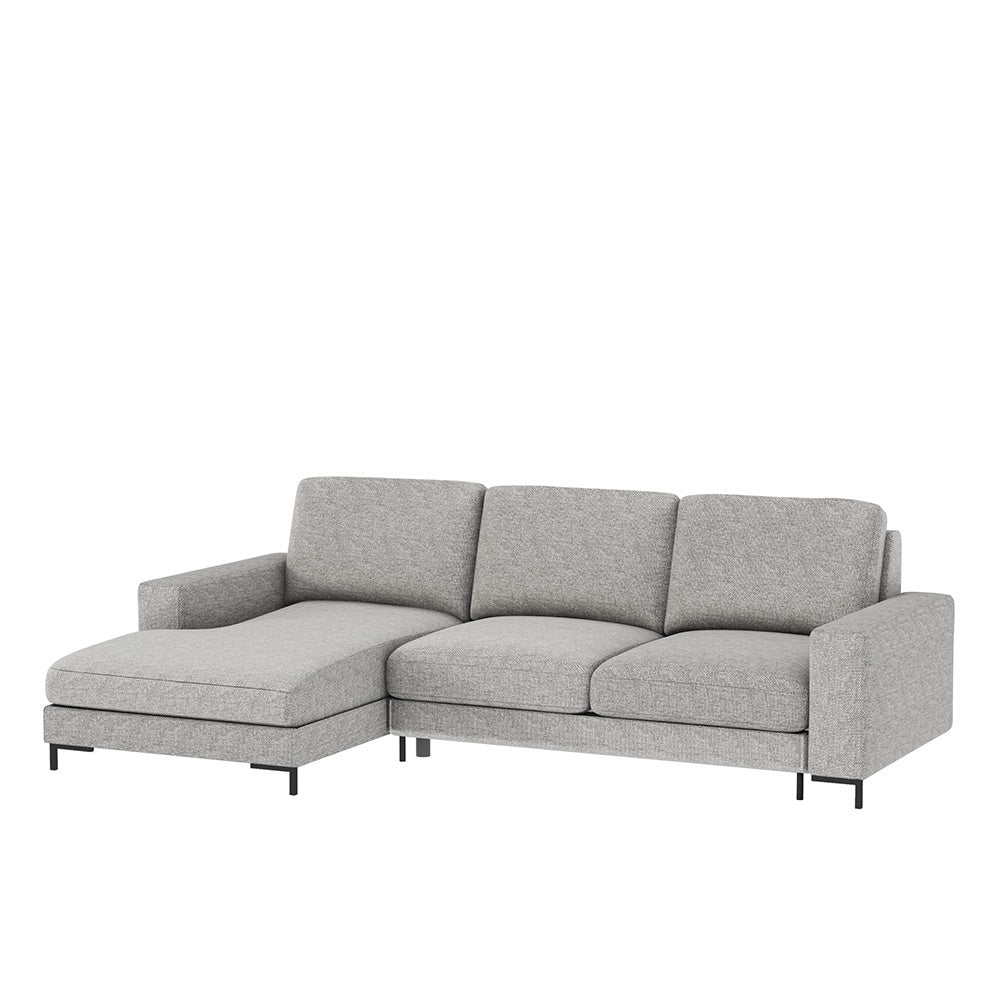 Ecksofa mit Schlaffunktion Mokpeo, L-förmig, mit zwei Stauraumfächern, schwarzen Füßen, hellgrau, aus pflegeleichtem Stoff, linksseitig