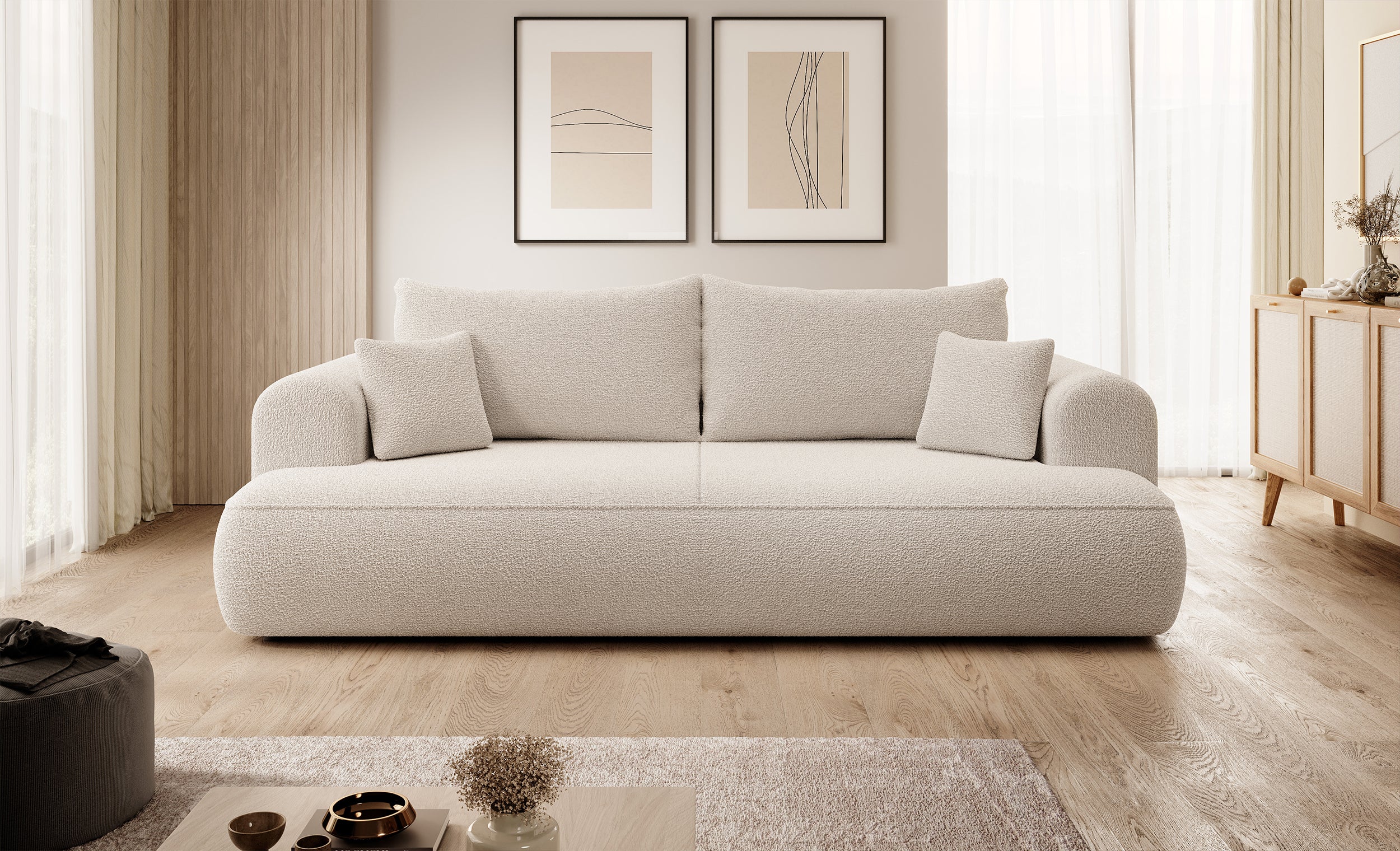 Dreisitziges ausklappbares Sofa Ovo mit Stauraum, beige Bouclé