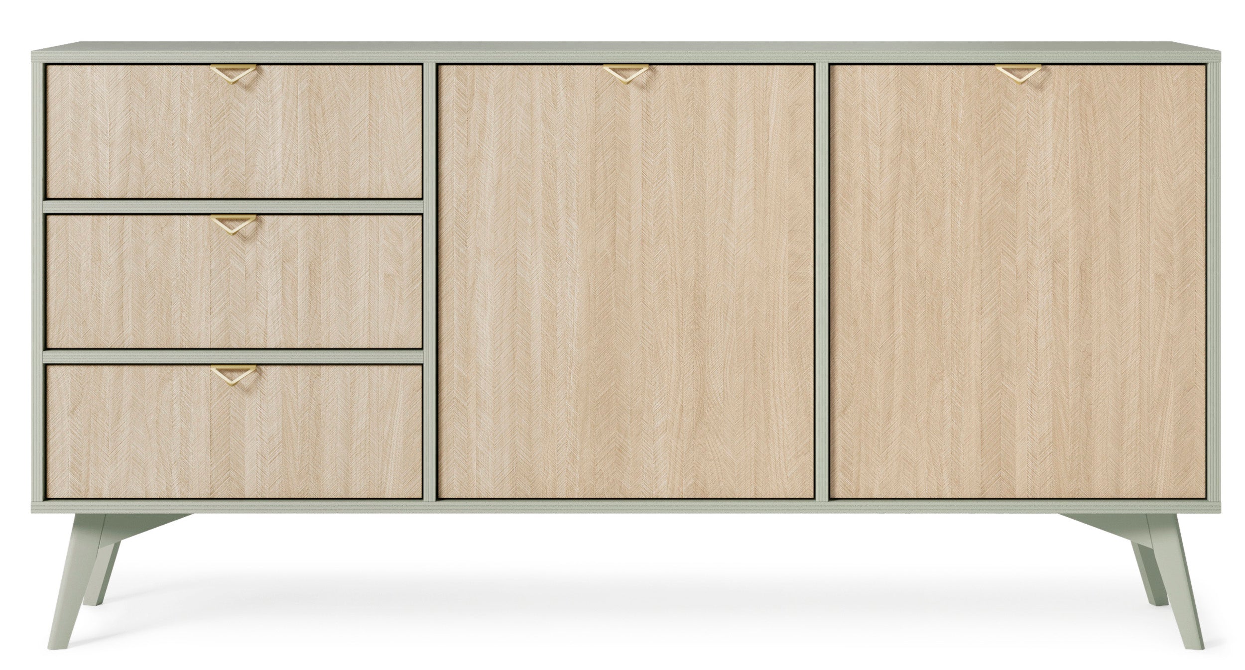 Kommode Favoria mit zwei Türen und Schubladen, 158 cm, Eukalyptus/Fischgrätmuster Scandi mit goldenen Griffen
