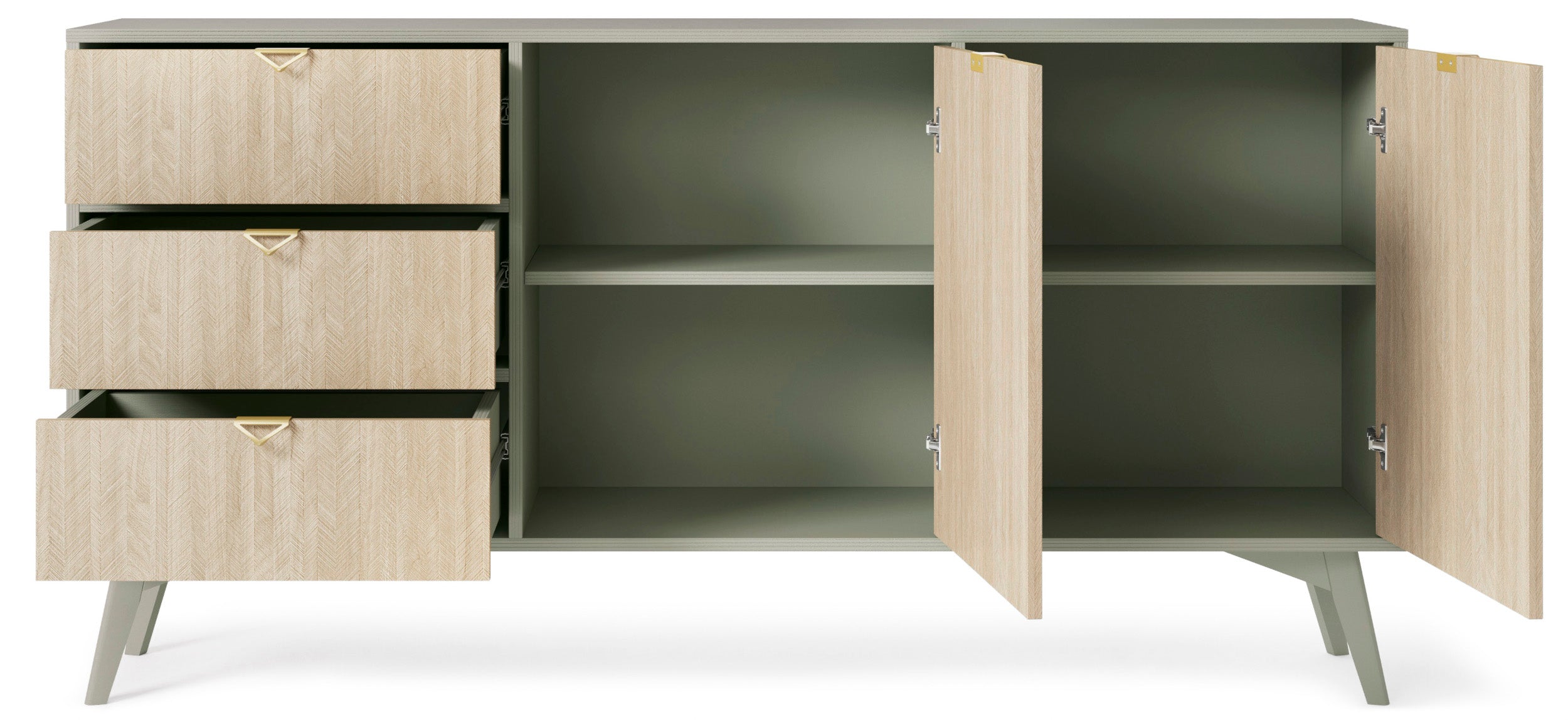 Kommode Favoria mit zwei Türen und Schubladen, 158 cm, Eukalyptus/Fischgrätmuster Scandi mit goldenen Griffen