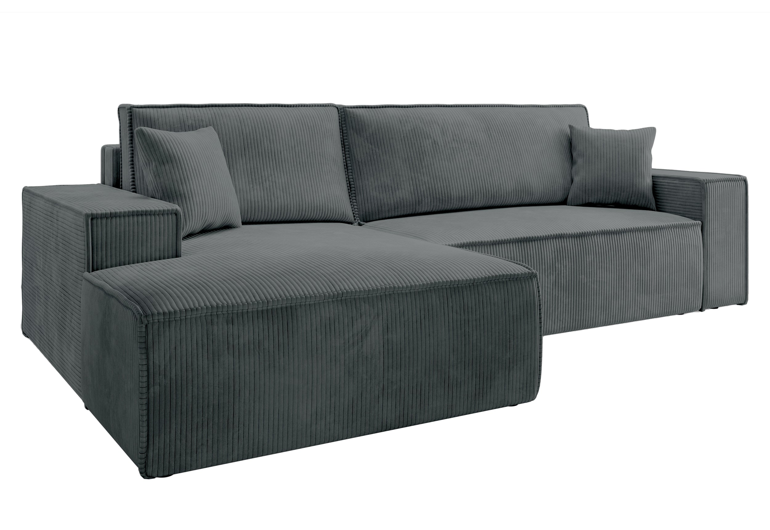 Ecksofa mit Schlaffunktion Farese New L-förmig mit Stauraum, grauer Cord, linksseitig