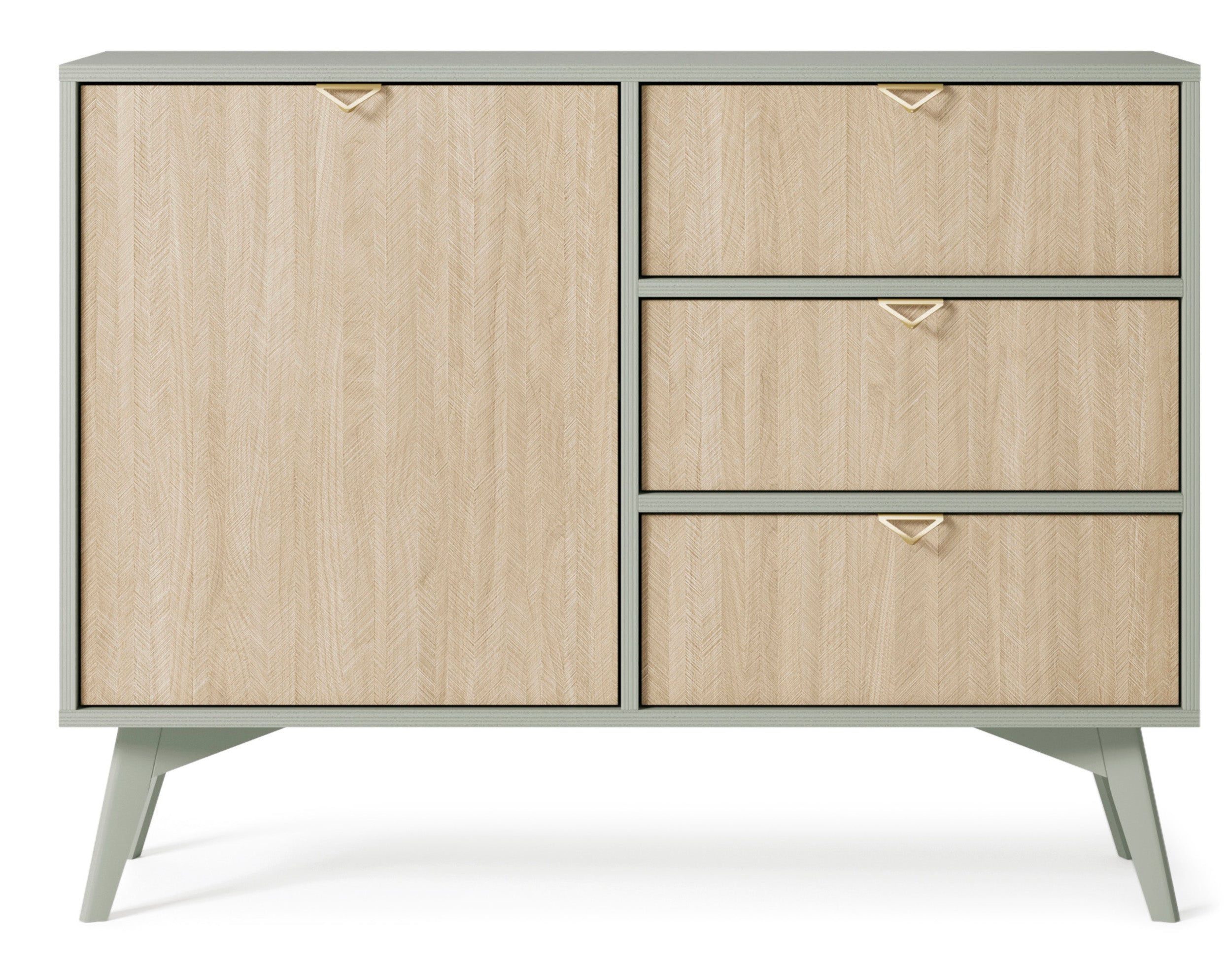 Favoria Kommode mit einer Tür und Schubladen, 106 cm, Eukalyptus/Scandi Fischgrätmuster mit goldenen Griffen